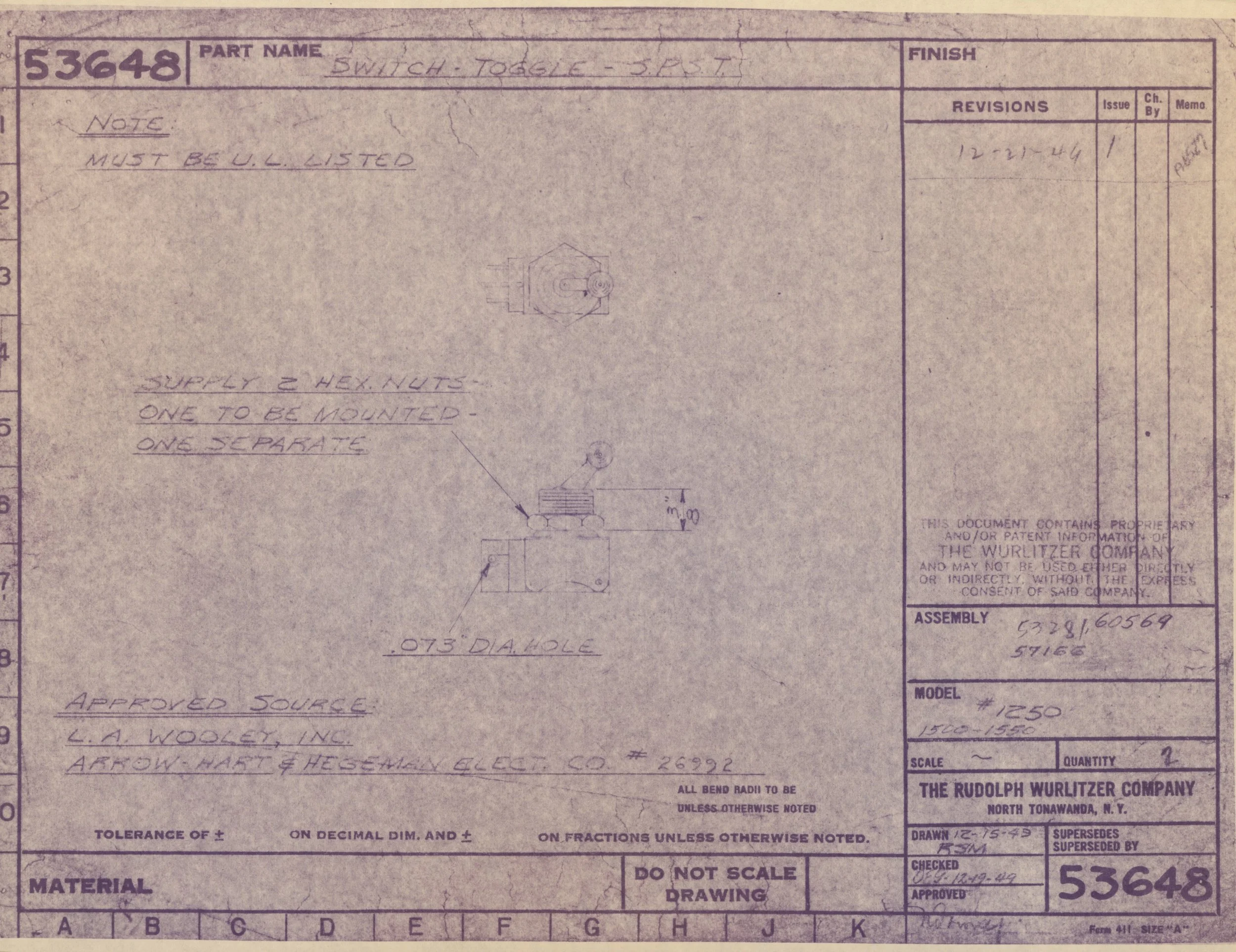 Technical engineering drawing for a switch toggle with notes on specifications, materials, and assembly instructions from the Rudolph Wurlitzer Company, North Tonawanda, NY.