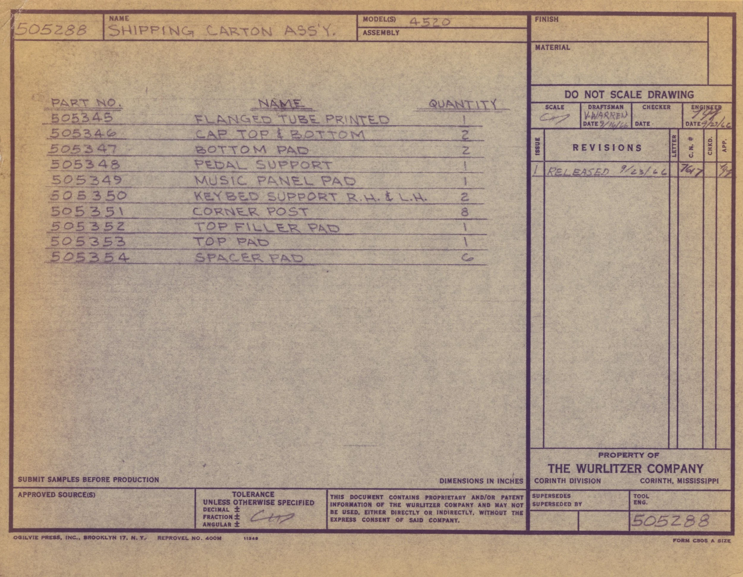 Document detailing shipping carton assembly parts, with part numbers, quantities, and descriptions, produced by The Wurlitzer Company.