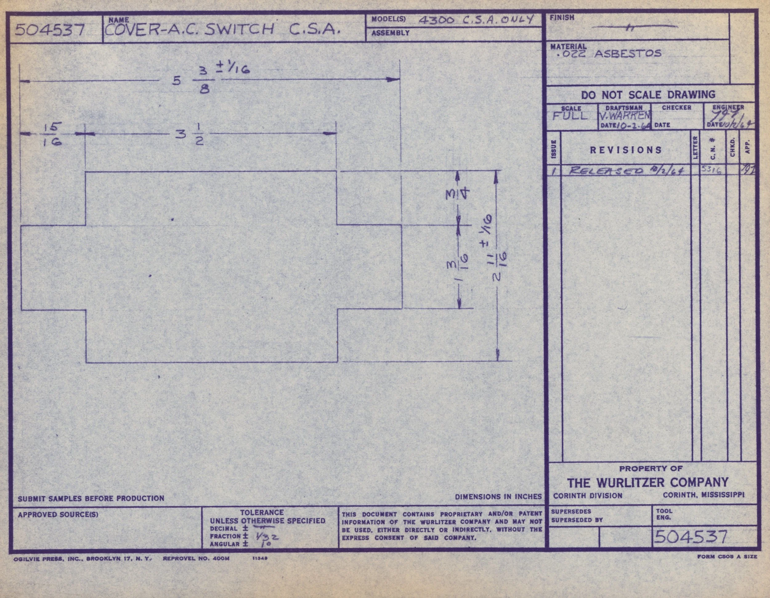 Technical blueprint drawing of an asbestos-covered, C.S.A. switch cover for model 4300, created by The Wurlitzer Company in Corinth, Mississippi. Includes measurements, revisions, and approval stamps.