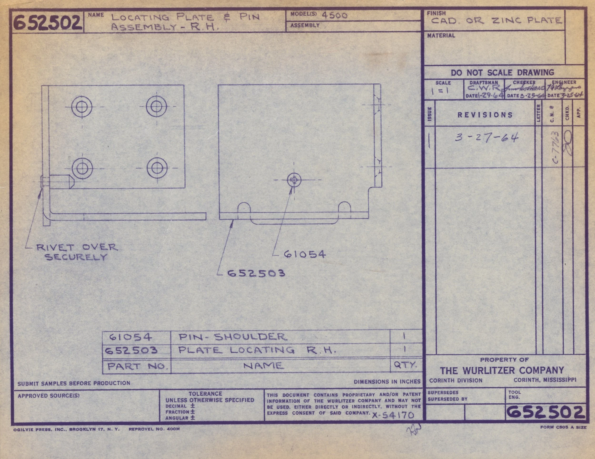 Technical engineering blueprint showing details for locating a plate and pin on a part, with annotations, measurements, and revisions.