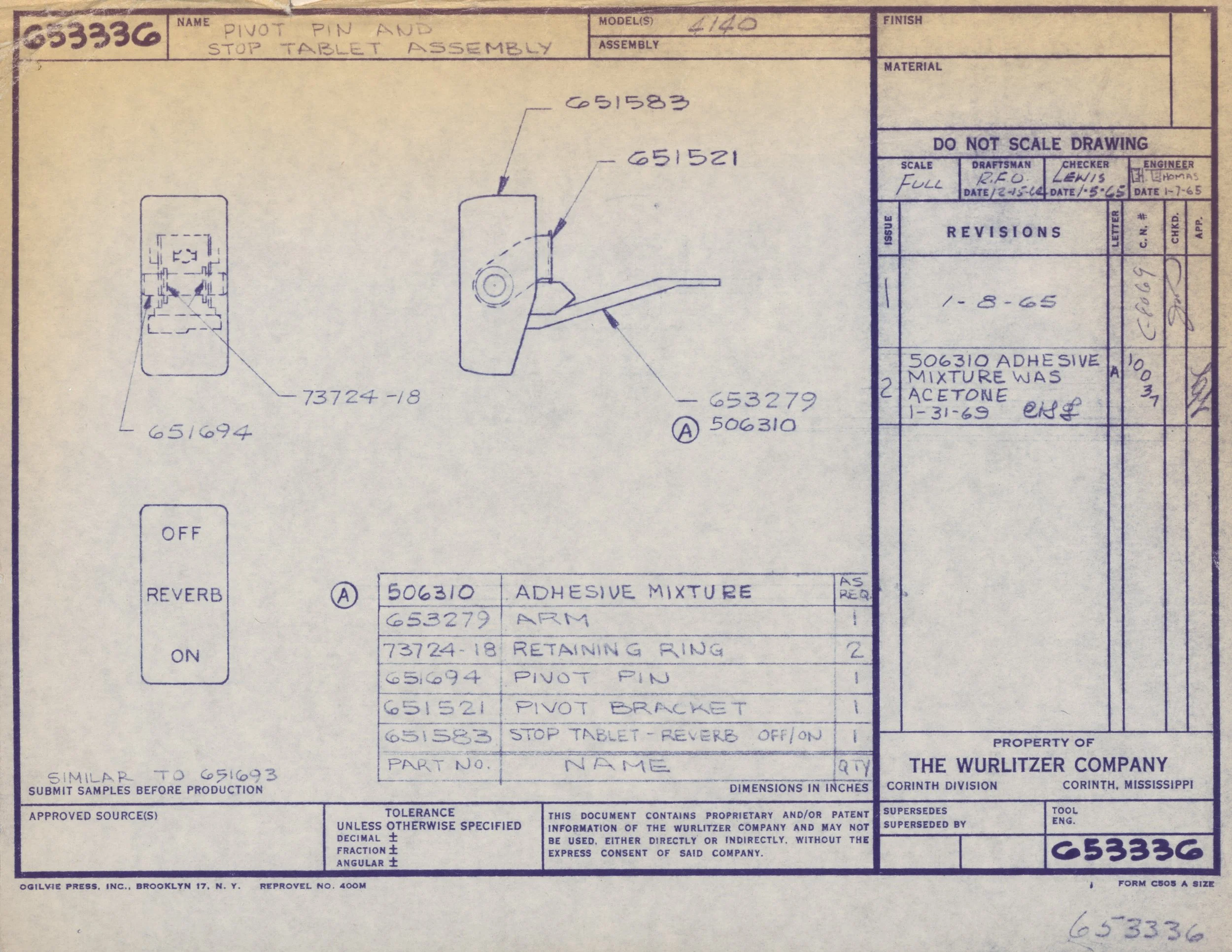 Blueprint of a stop tablet assembly for a machine, showing parts such as pivot pin, retaining ring, and bracket with listed part numbers and dimensions.
