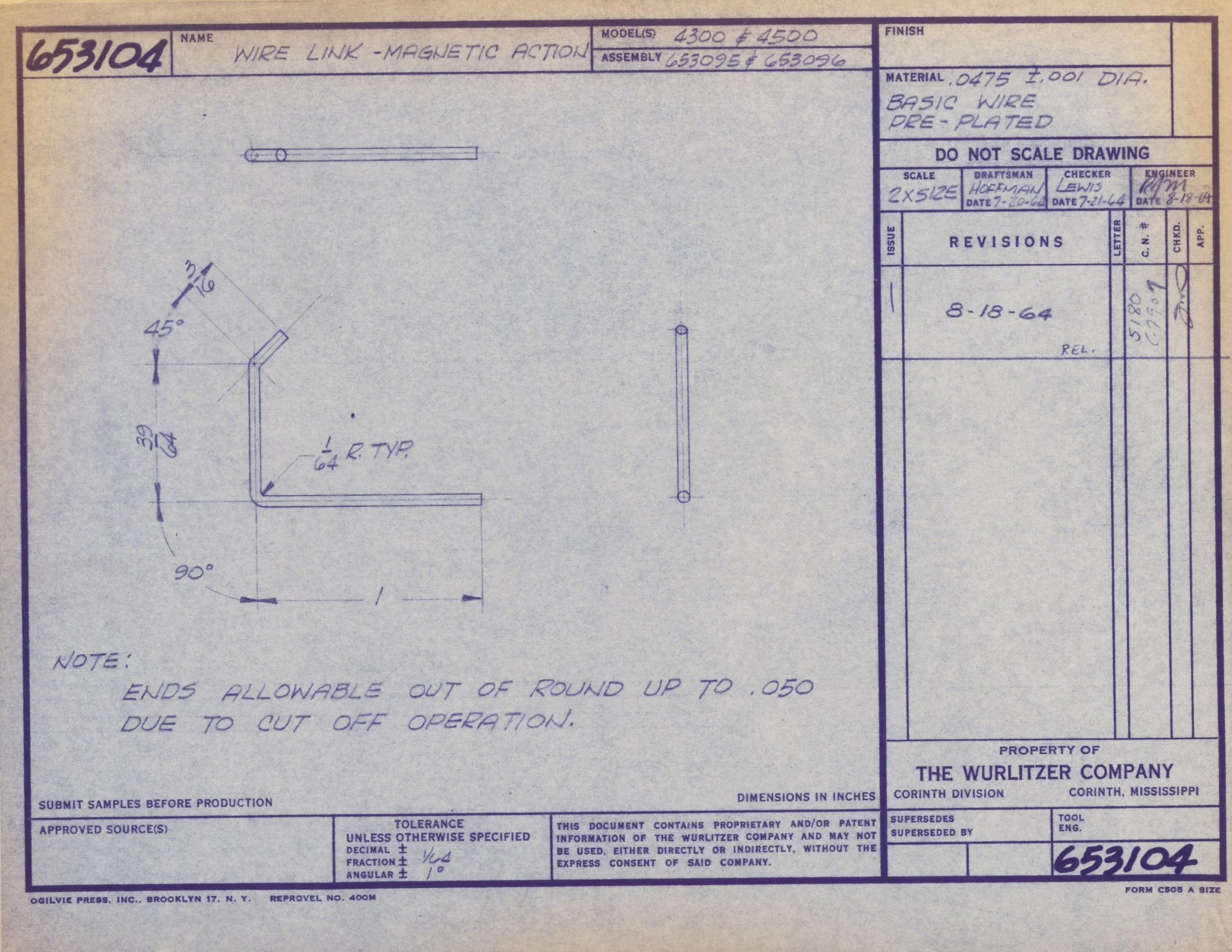 Technical drawing of a wire link with measurements and annotations, dated August 18, 1964.
