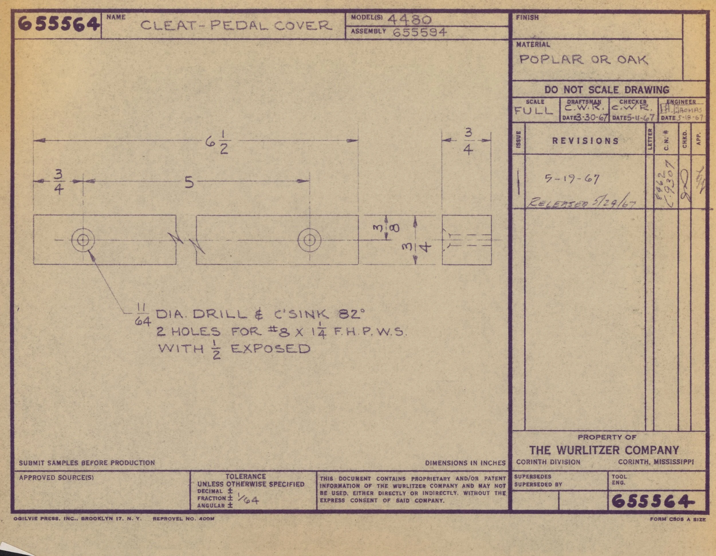 Technical engineering drawing of a cleat-pedal cover, with measurements, specifications, and approval details, created by Wurlitzer Company.