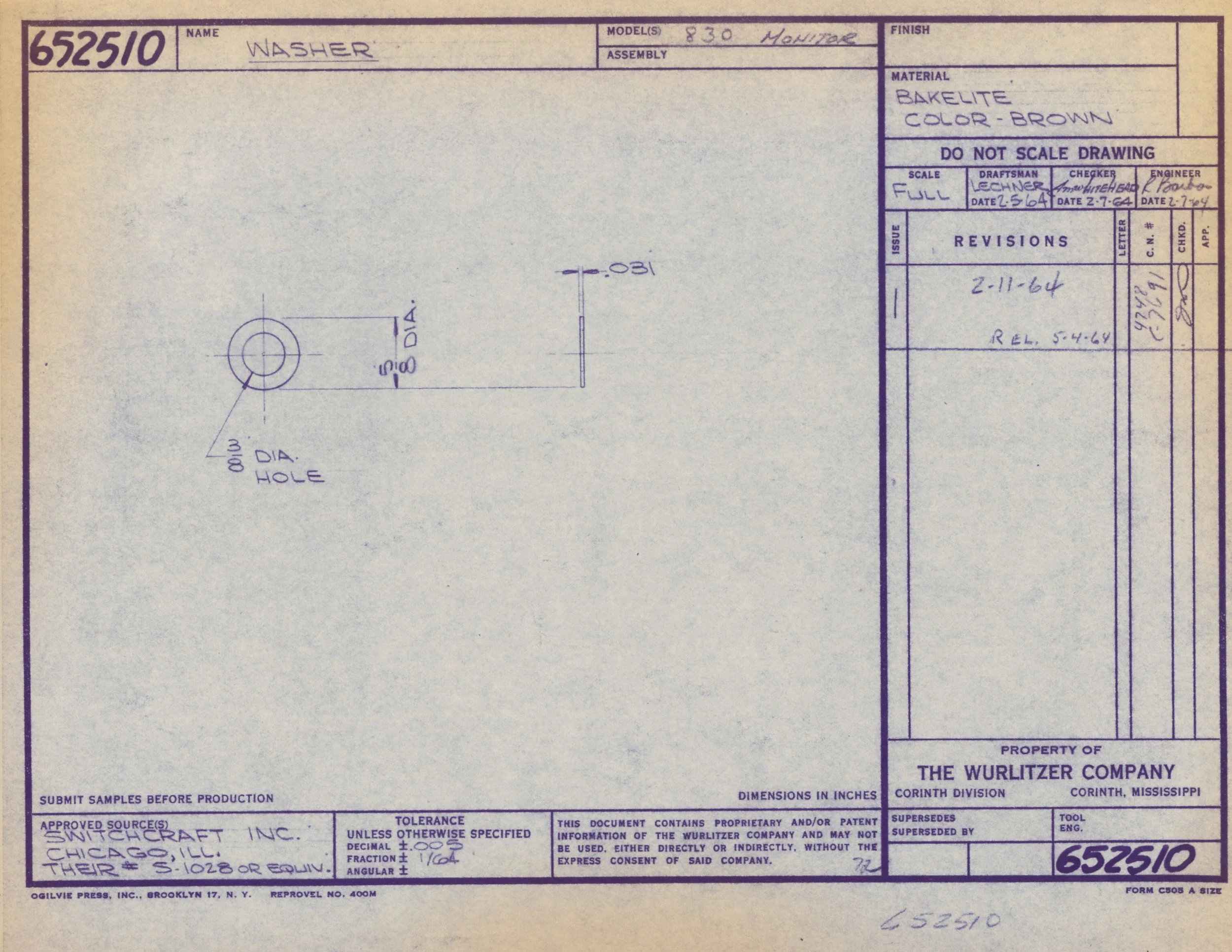 Blueprint drawing of a washer machine with annotations for details such as diameter and material, issued by Switzcraft Inc. and property of Wurlitzer Company.