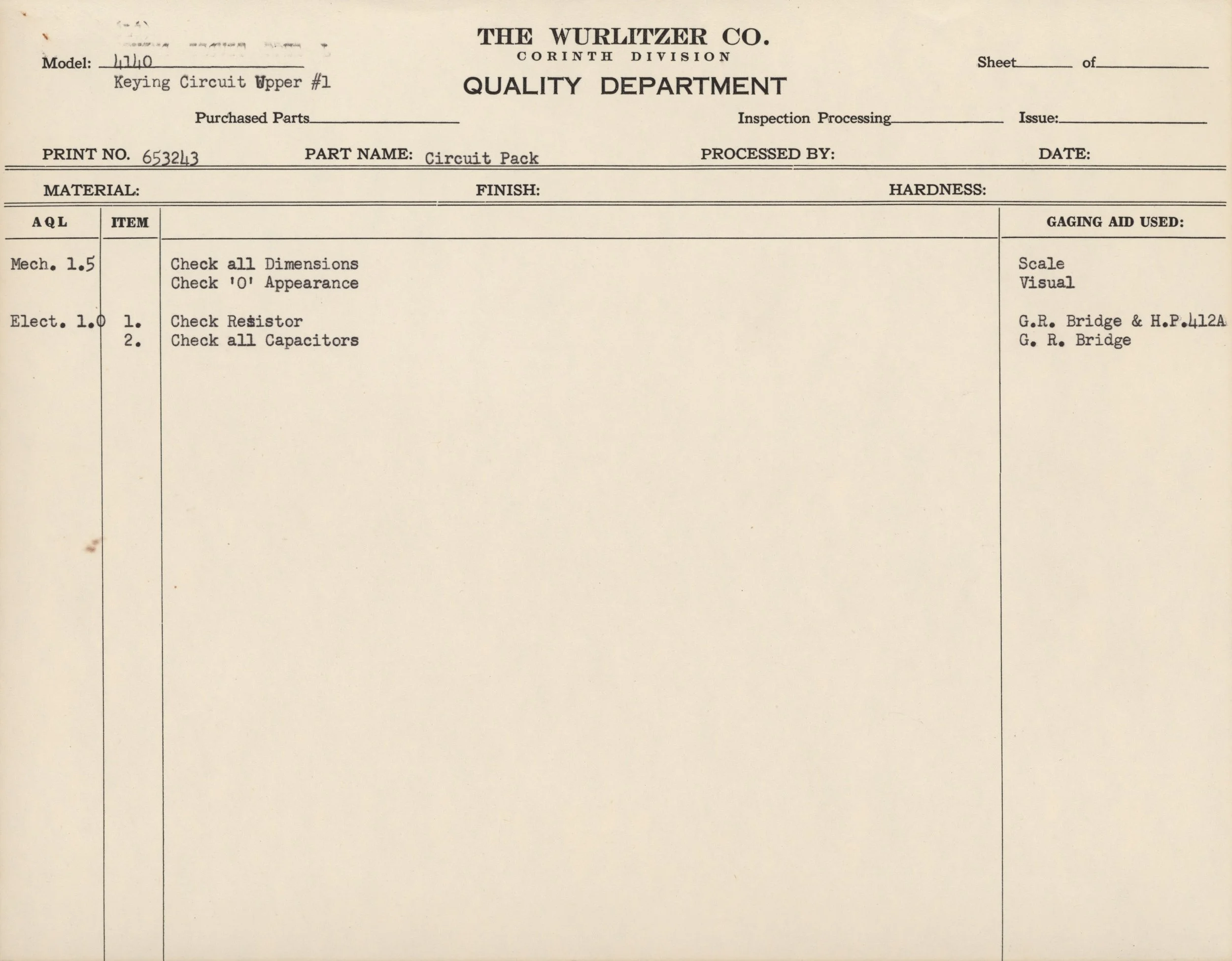 A vintage technical document from The Wurlitzer Company, Corinth Division, titled 'Keying Circuit Upper #1,' including instructions for inspecting electronic components such as resistors and capacitors.