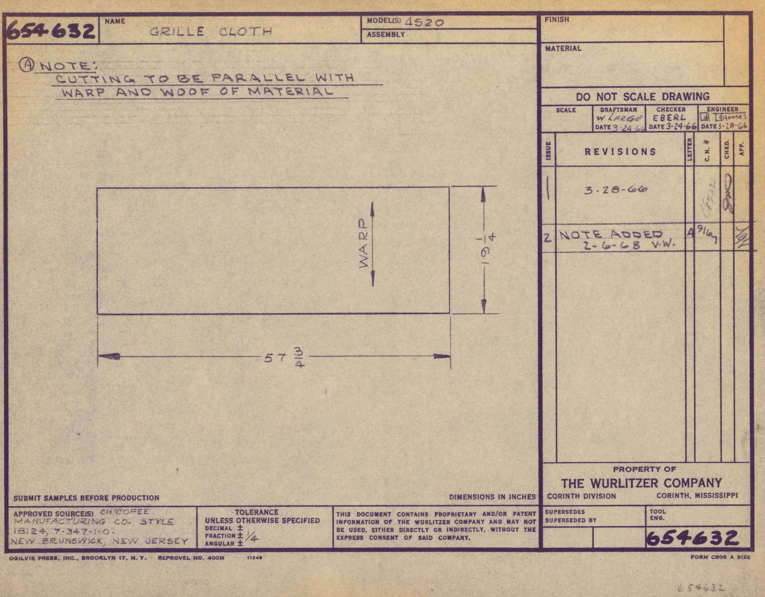 Blueprint or technical drawing for a grille cloth, with instructions to cut to be parallel with warps and woofs of the material, dimensions in inches, and handwritten notes and signatures.
