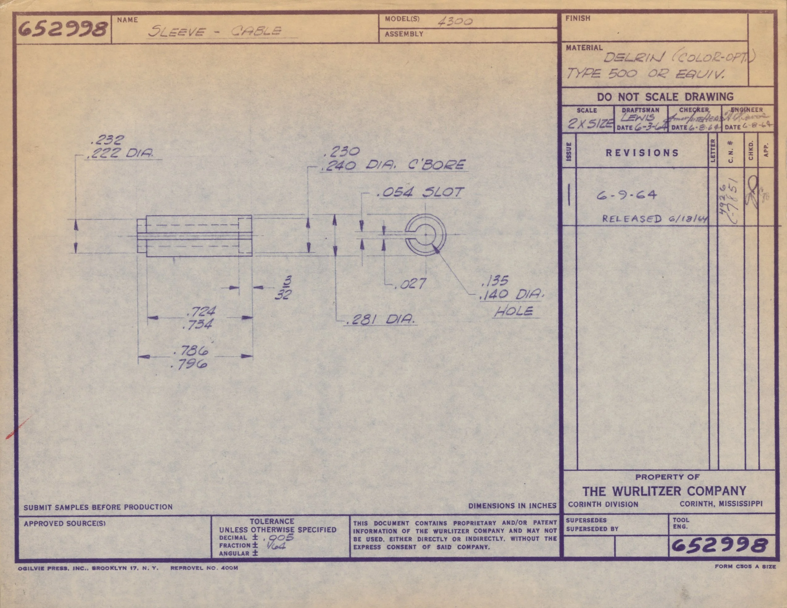 Technical engineering drawing of a cable sleeve with detailed measurements, specifications, and notes, created by The Wurlitzer Company.
