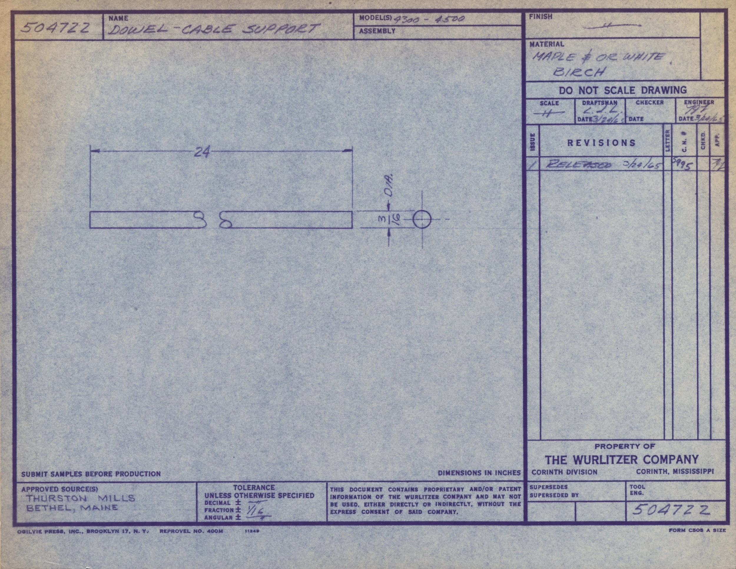 Blueprint drawing of a wooden cable support with dimensions, annotations, and company information.