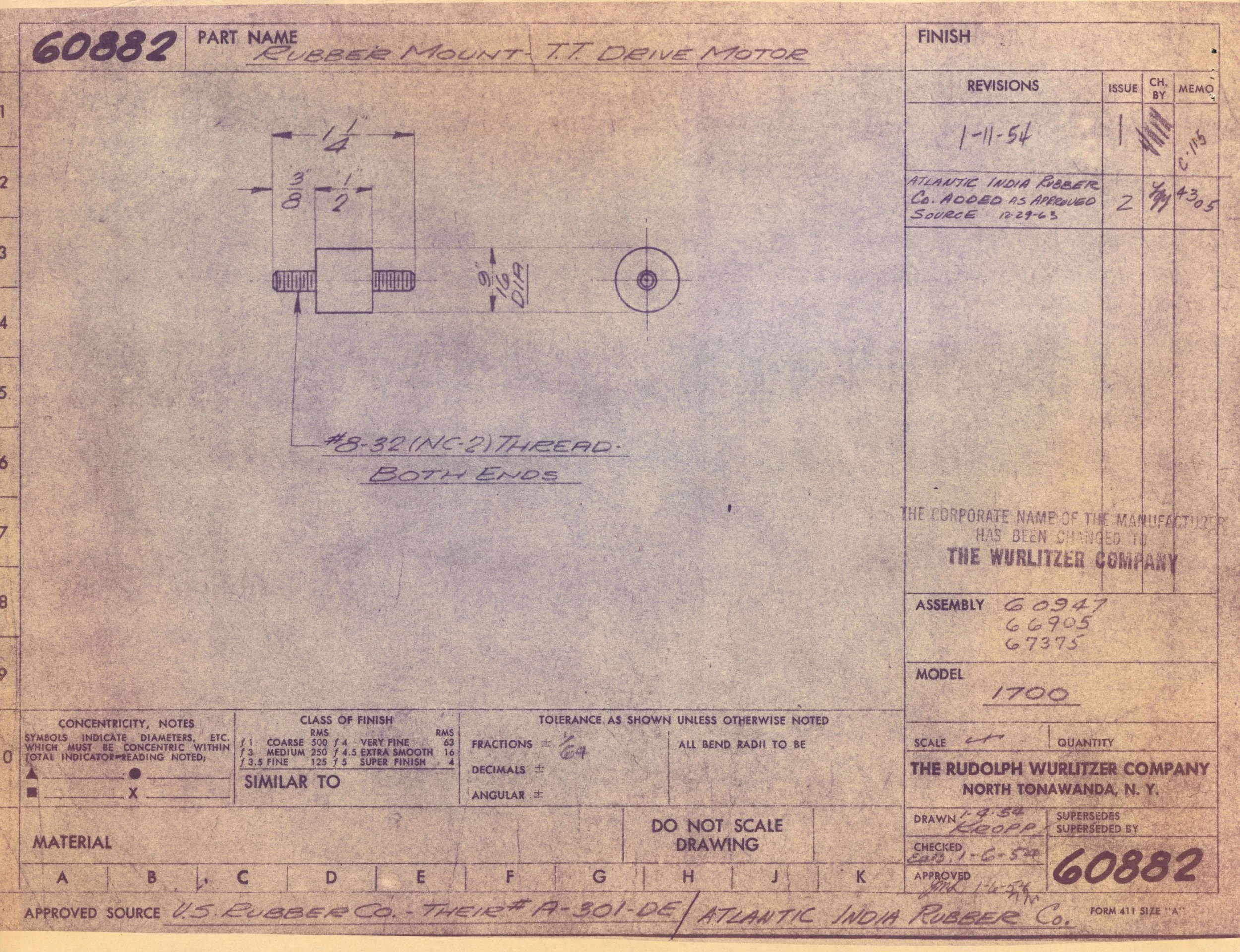 Blueprint technical drawing of a rubber mount, labeled 'RUBBER MOUNT T.T. DRIVE MOTOR', showing detailed dimensions and specifications for manufacturing. Contains handwritten notes, revision date '1-11-54', and company information, along with section