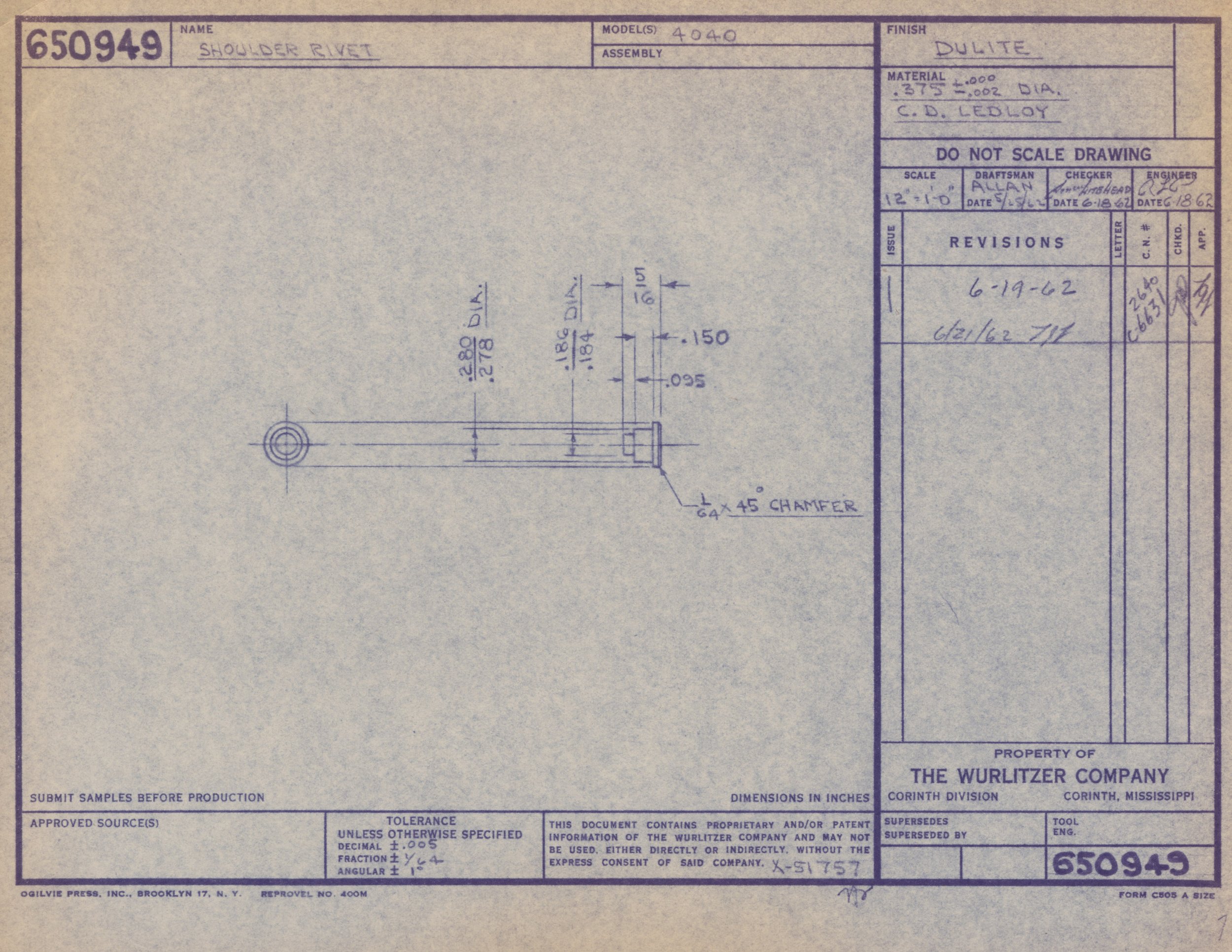 Blueprint drawing of a shoulder rivet with detailed measurements and notes from the Wurlitzer Company.