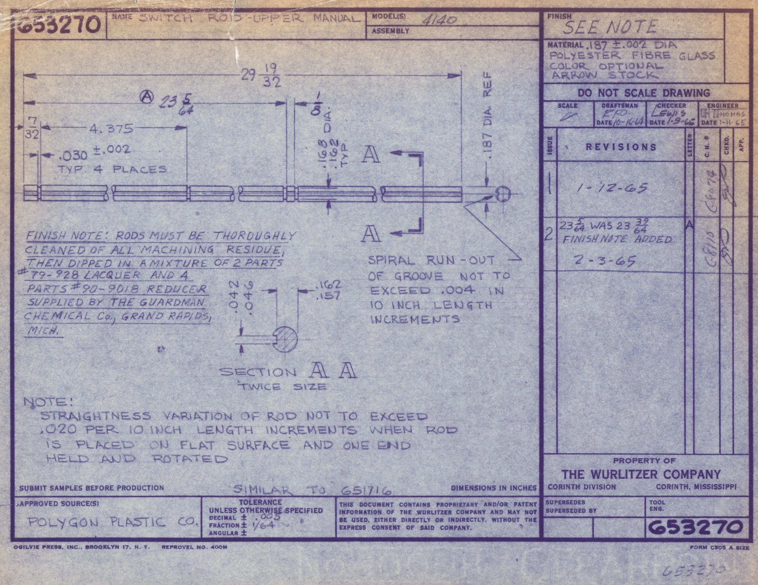Technical engineering drawing of a rod, labeled 'Switch Rod-Upper Manual,' with detailed measurements and specifications, including material and finish notes.