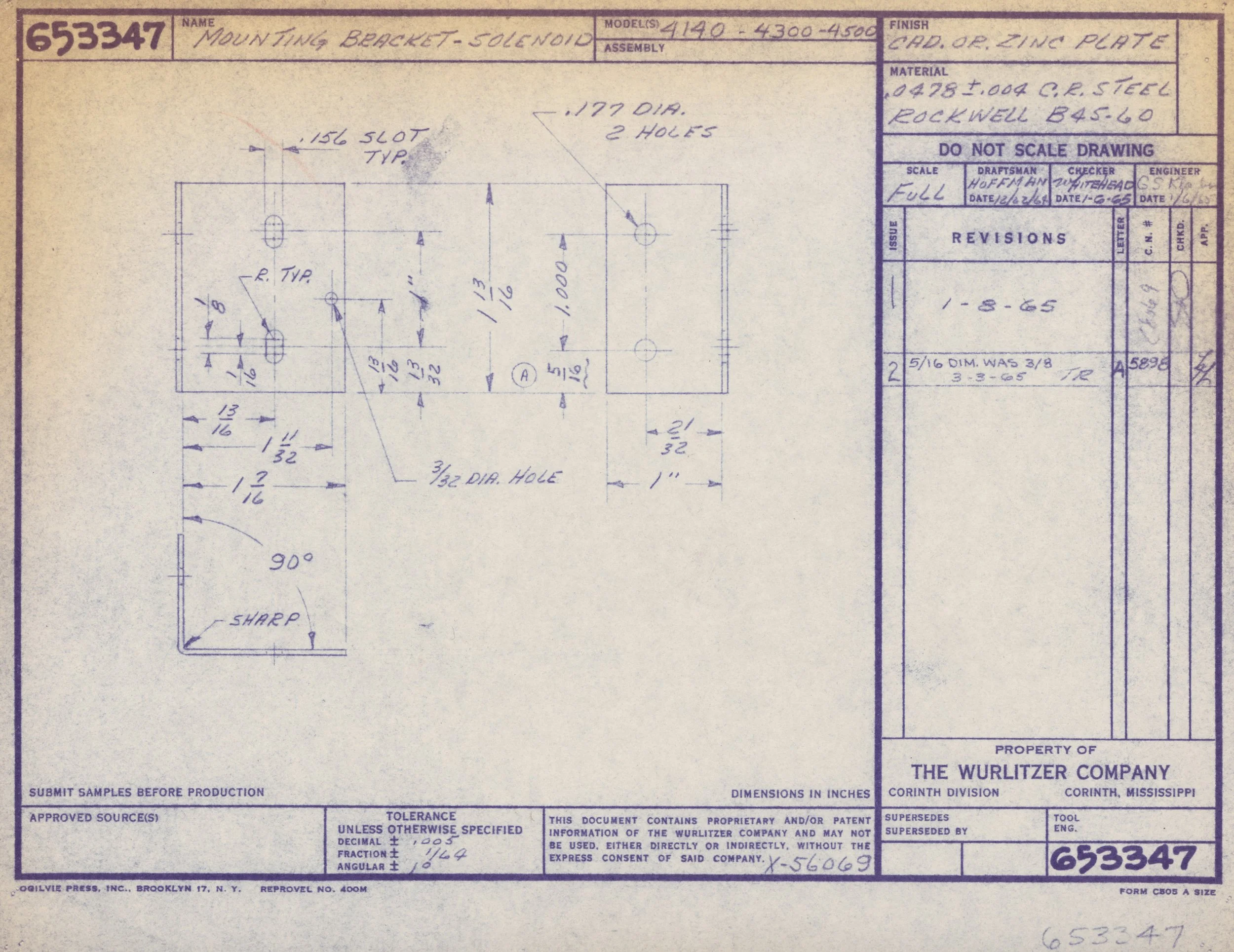 Technical engineering drawing of a mounting bracket made of steel, showing dimensions and hole placements, with annotations and hand-written notes.