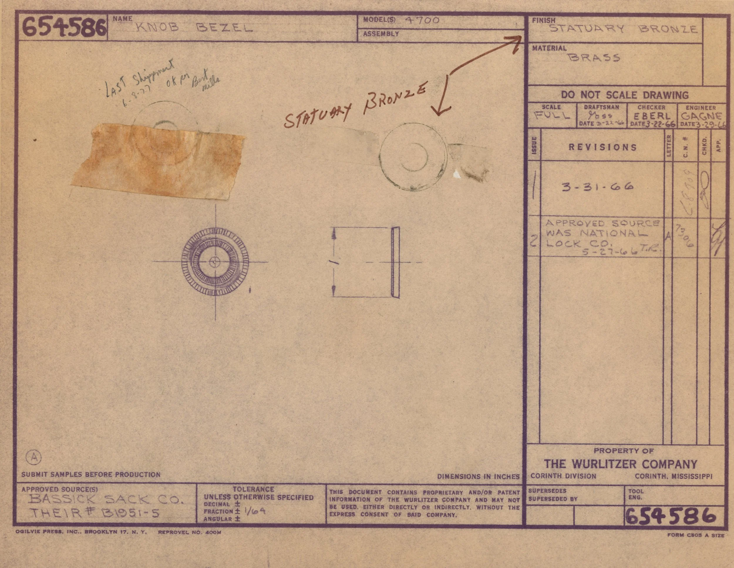 Blueprint of a bronze knob bezel, showing technical details, measurements, revisions, notes, and approvals from the Wurlitzer Company, dated 3-31-66.