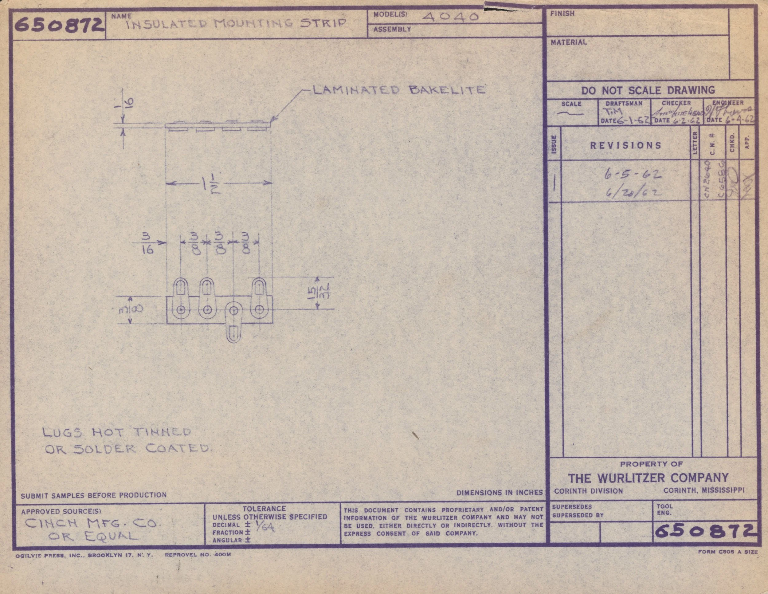 Technical engineering drawing of an insulated mounting strip with notes and dimensions, created by The Wurlitzer Company, showing laminated bakelite material, parts number 650872.