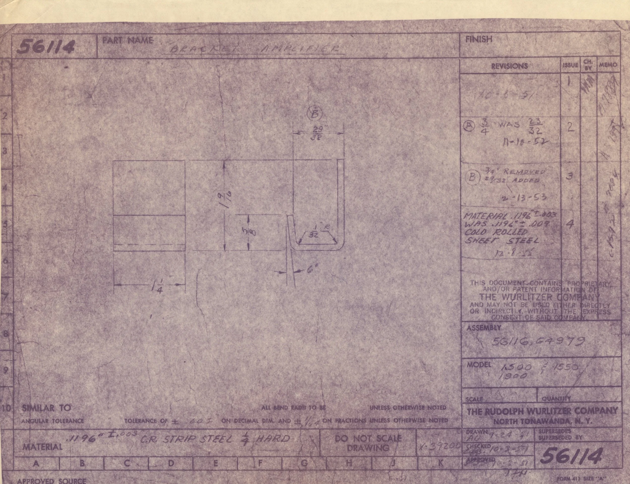 A technical blueprint or engineering drawing on aged paper, showing measurements and details of a steel sheet part, with handwritten annotations and printed information.