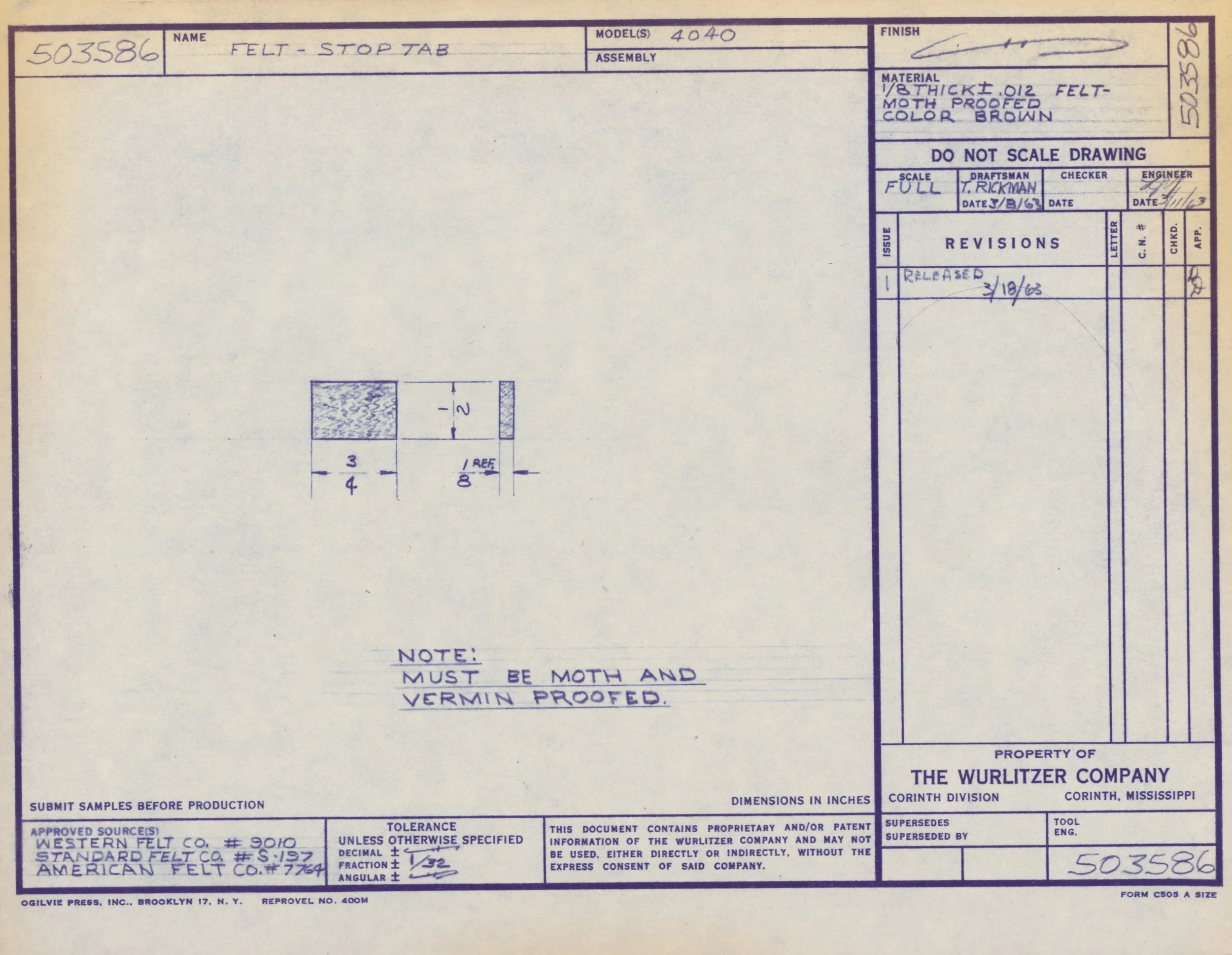 Technical drawing of a felt stop tab with dimensions and material information, signed and stamped for approval.