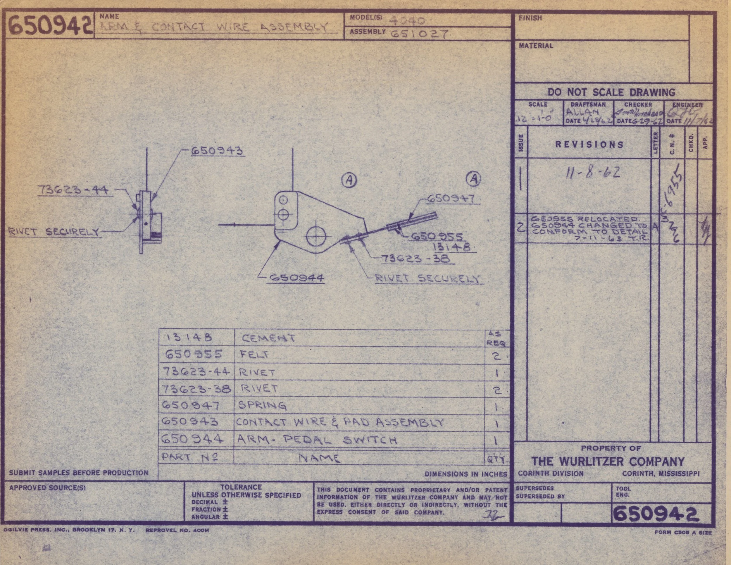 Technical engineering drawing of a contact wire assembly with parts labeled and specifications noted.
