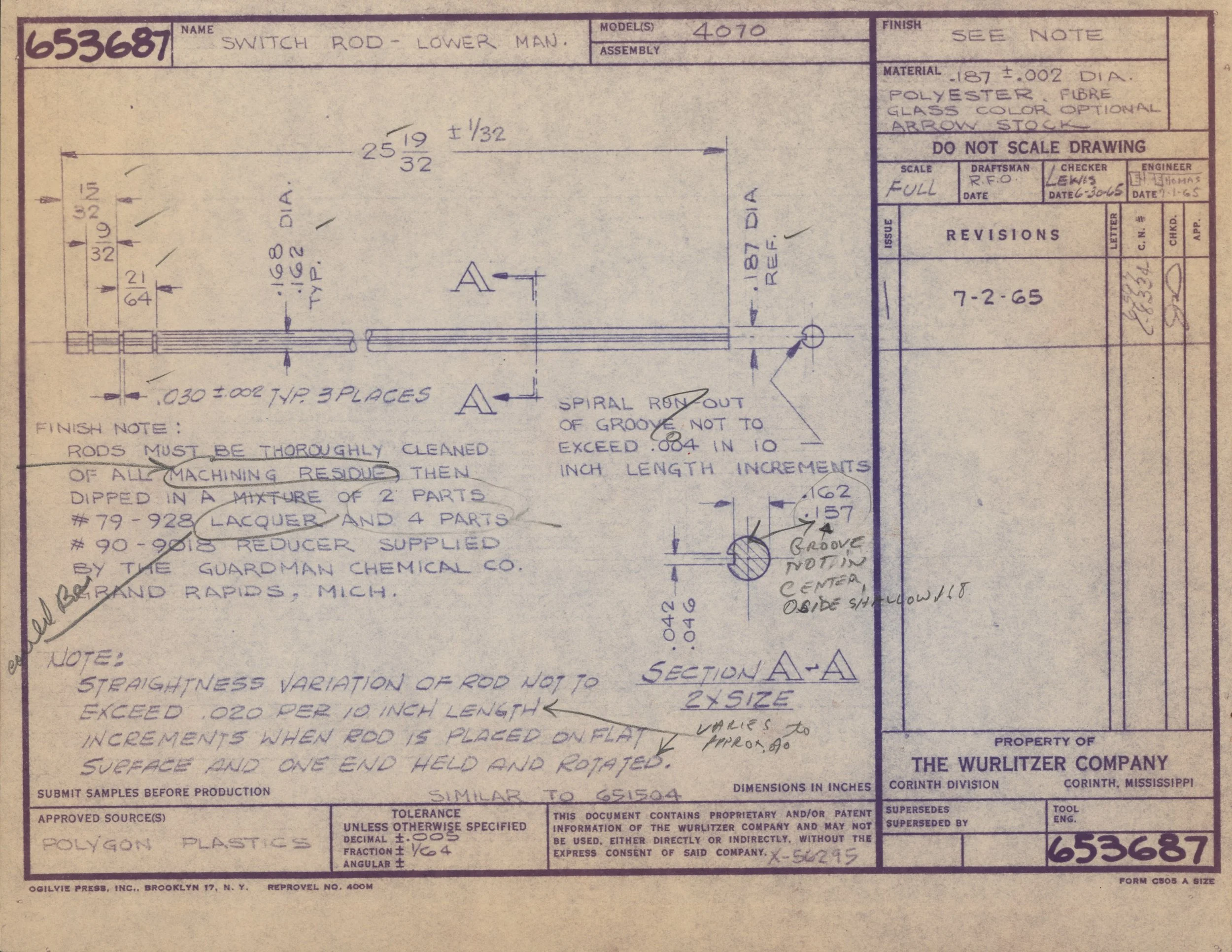 Technical engineering blueprint of a lower manual switch rod, showing measurements, annotations, and specifications for manufacturing.