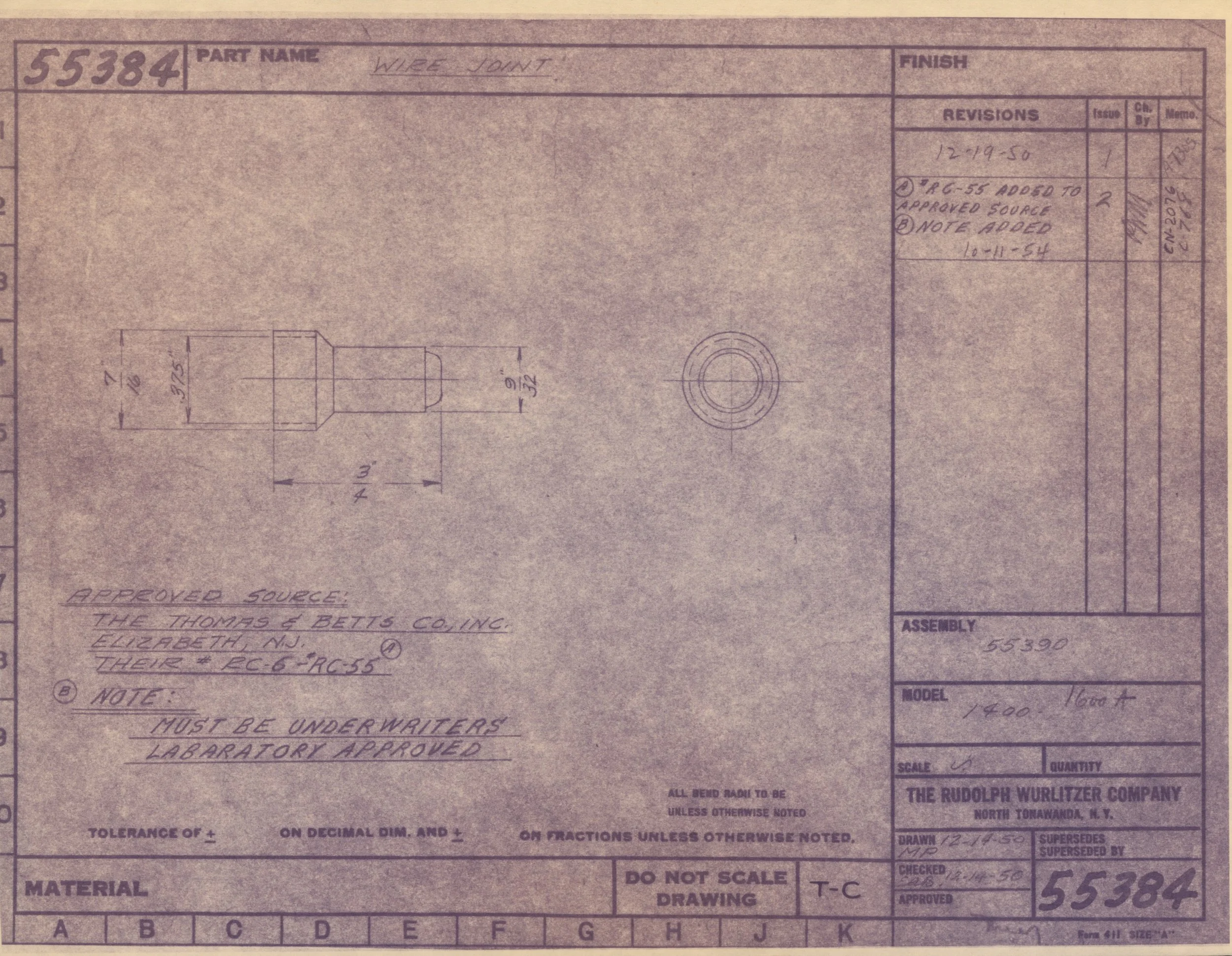 Technical blueprint or engineering drawing for a wire joint, including detailed measurements, notes, approval stamps, and information about the material and model. The blueprint is labeled with part number 55384 and includes handwritten notes, revisi