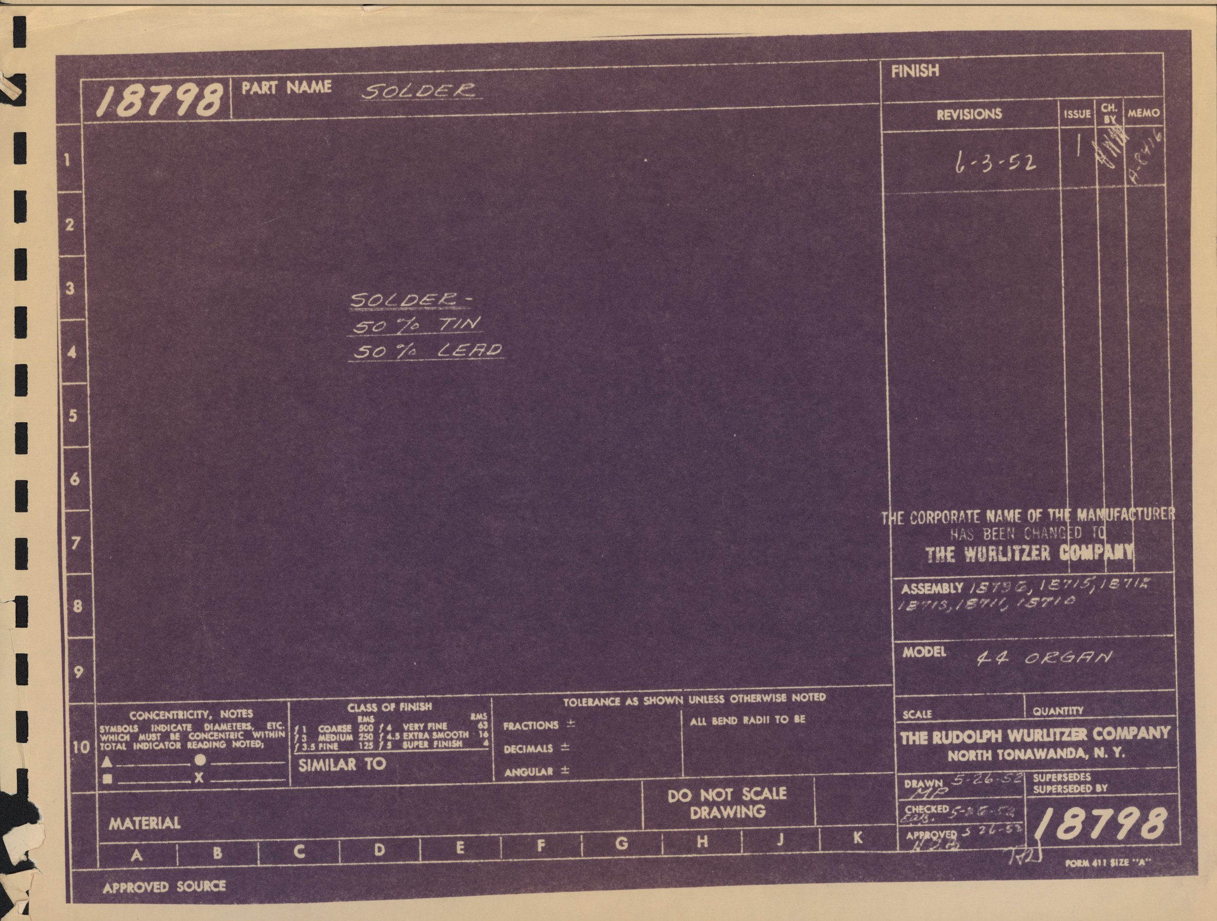 A vintage engineering blueprint or technical drawing for a solder part, showing detailed specifications, measurements, and revisions.