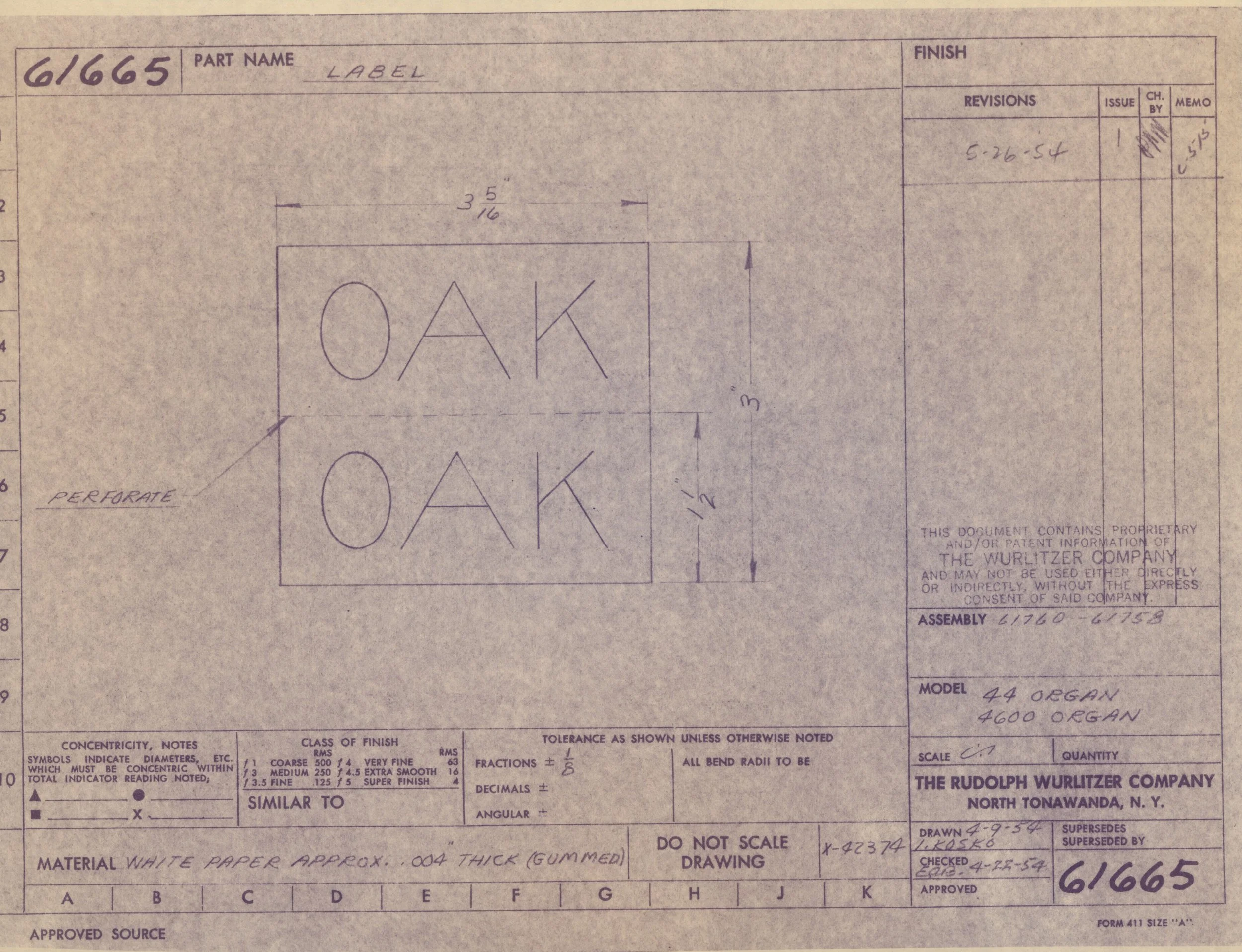 Drawing of the word "OAK" on a technical sheet with measurements and notes, attributed to The Rudolph Wurlitzer Company.