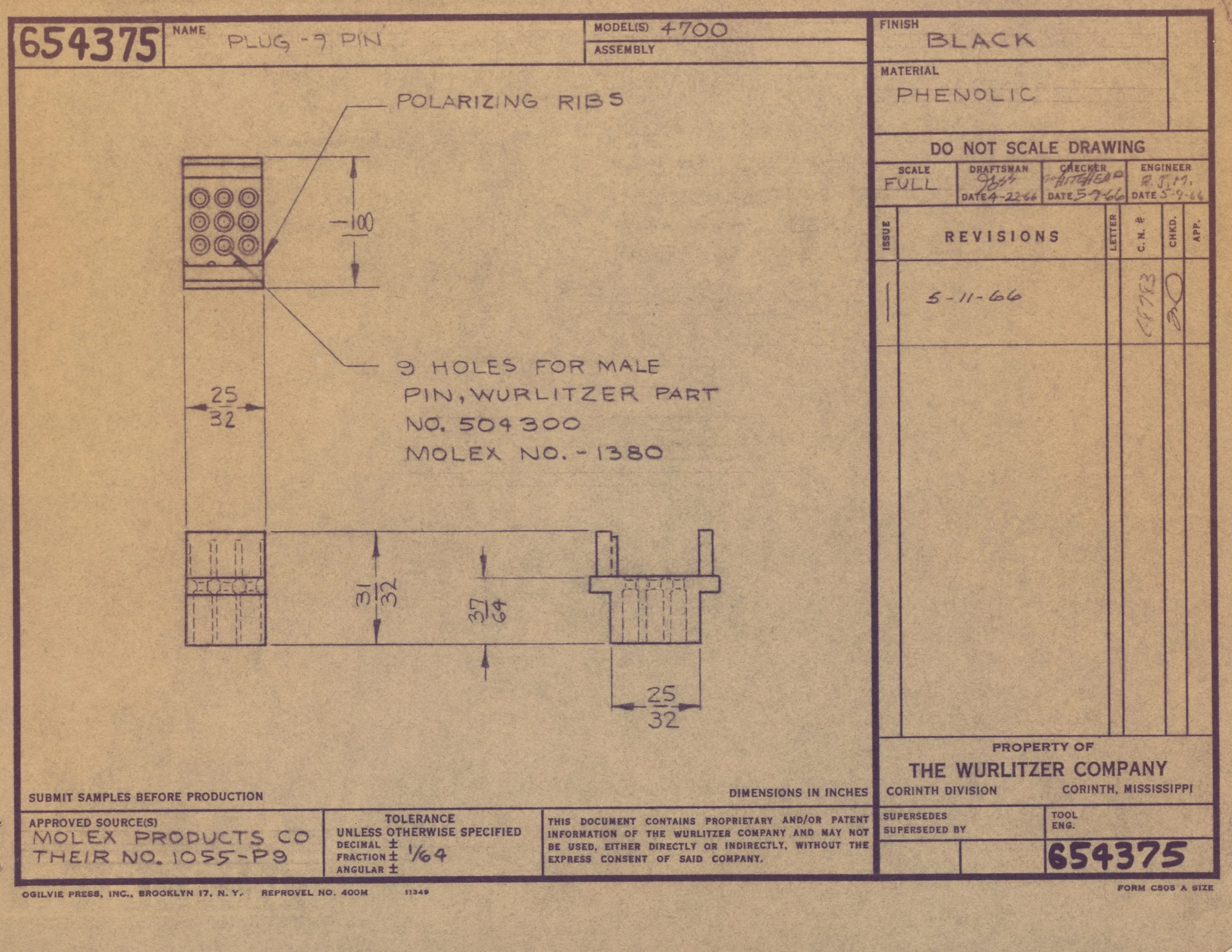 Technical blueprint or schematic drawing of a 9-pin plug with polarizing ribs, dimensions, and specifications, created by The Wurlitzer Company.