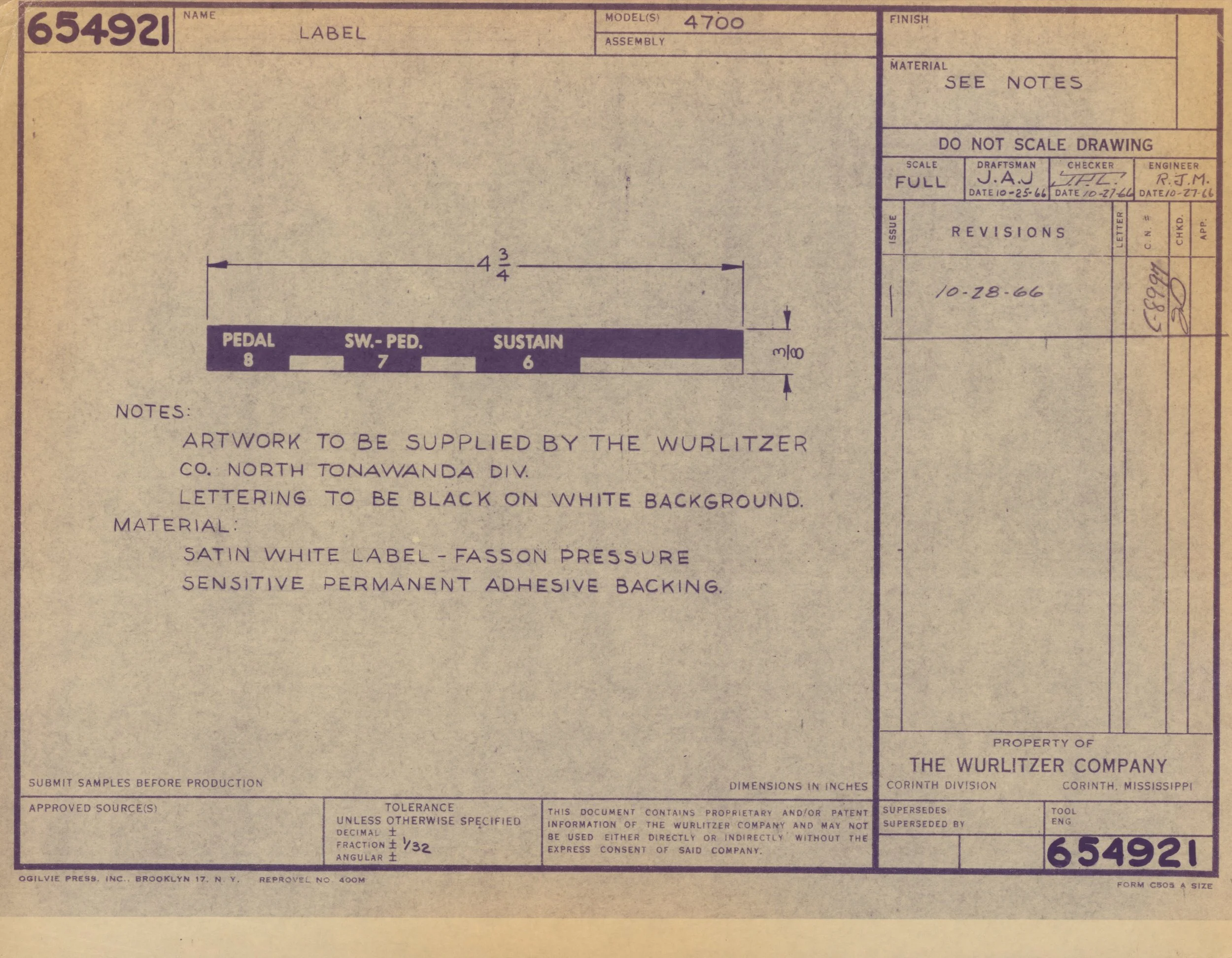 Blueprint or technical drawing sheet with measurements and notes, including a model number 4700, date 10-28-66, and a scale of 4 3/4 inches.