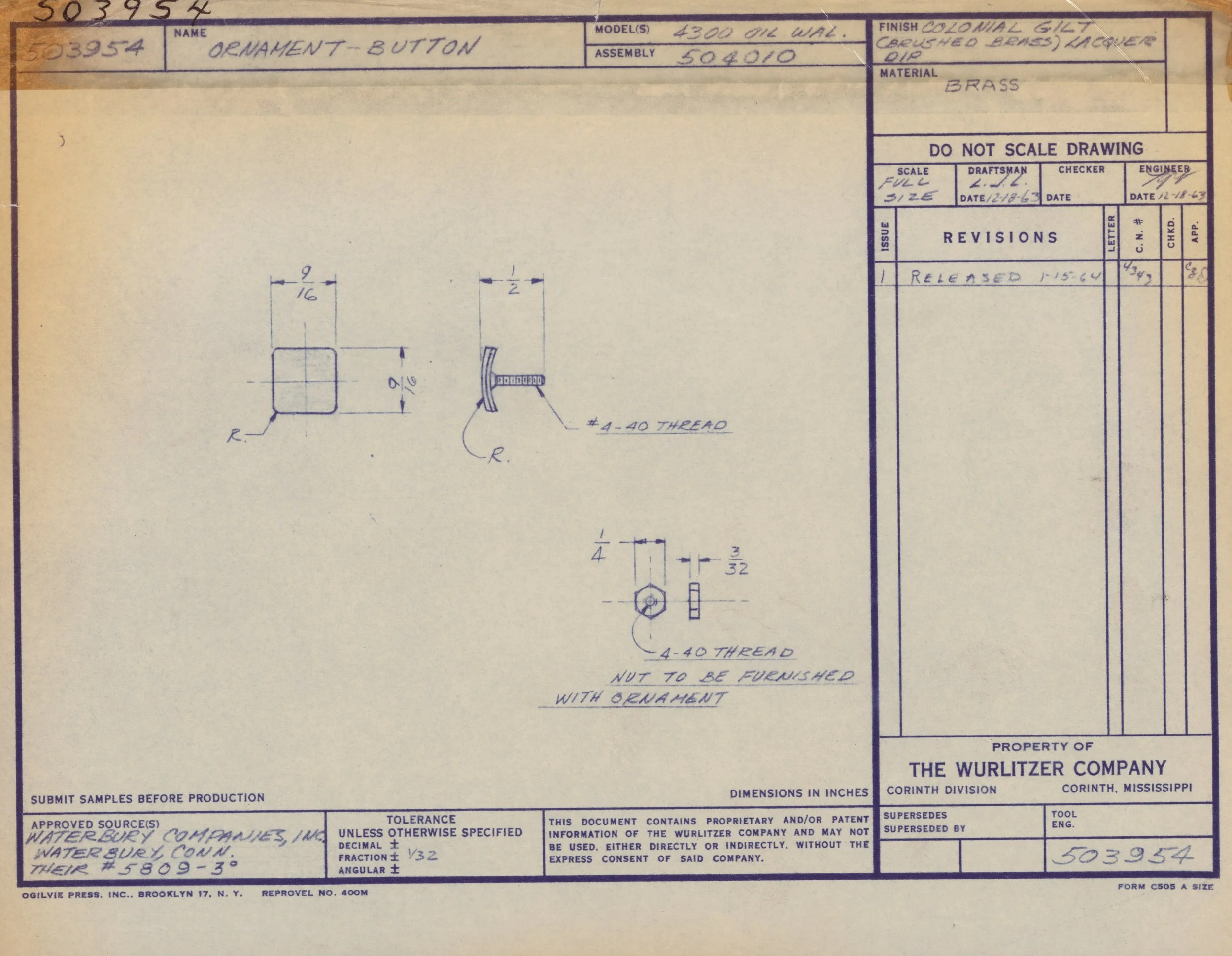 Blueprint drawing of a button ornament, including technical dimensions and threading details, created by The Wurlitzer Company in Corinth, Mississippi.