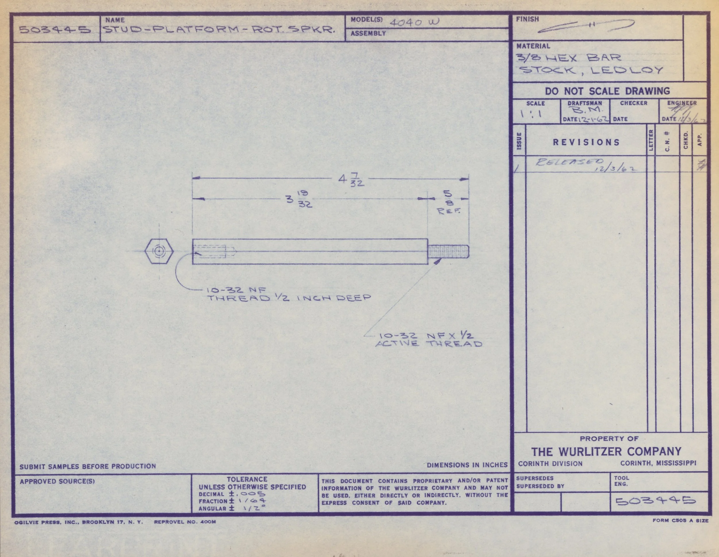 Technical drawing of a stud platform with detailed measurements, labeled materials, and revision information, created by The Wurlitzer Company.