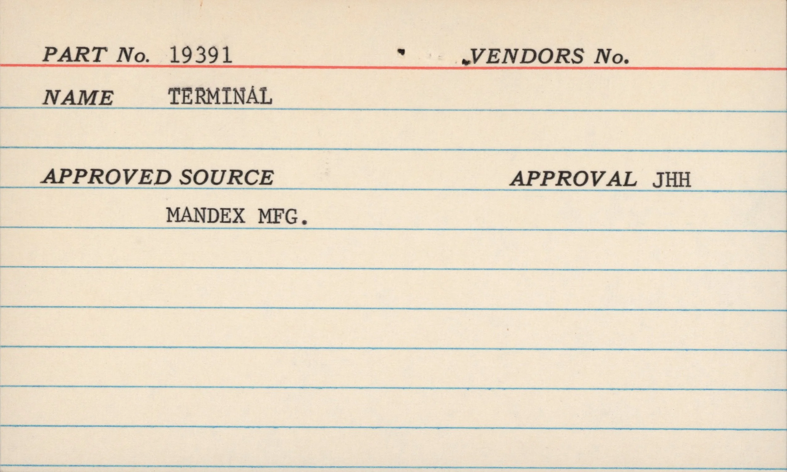 Close-up of a vintage part number label from Mandex Manufacturing with the part number 19391, vendor number, and approval signatures, printed on lined paper with red and blue lines.
