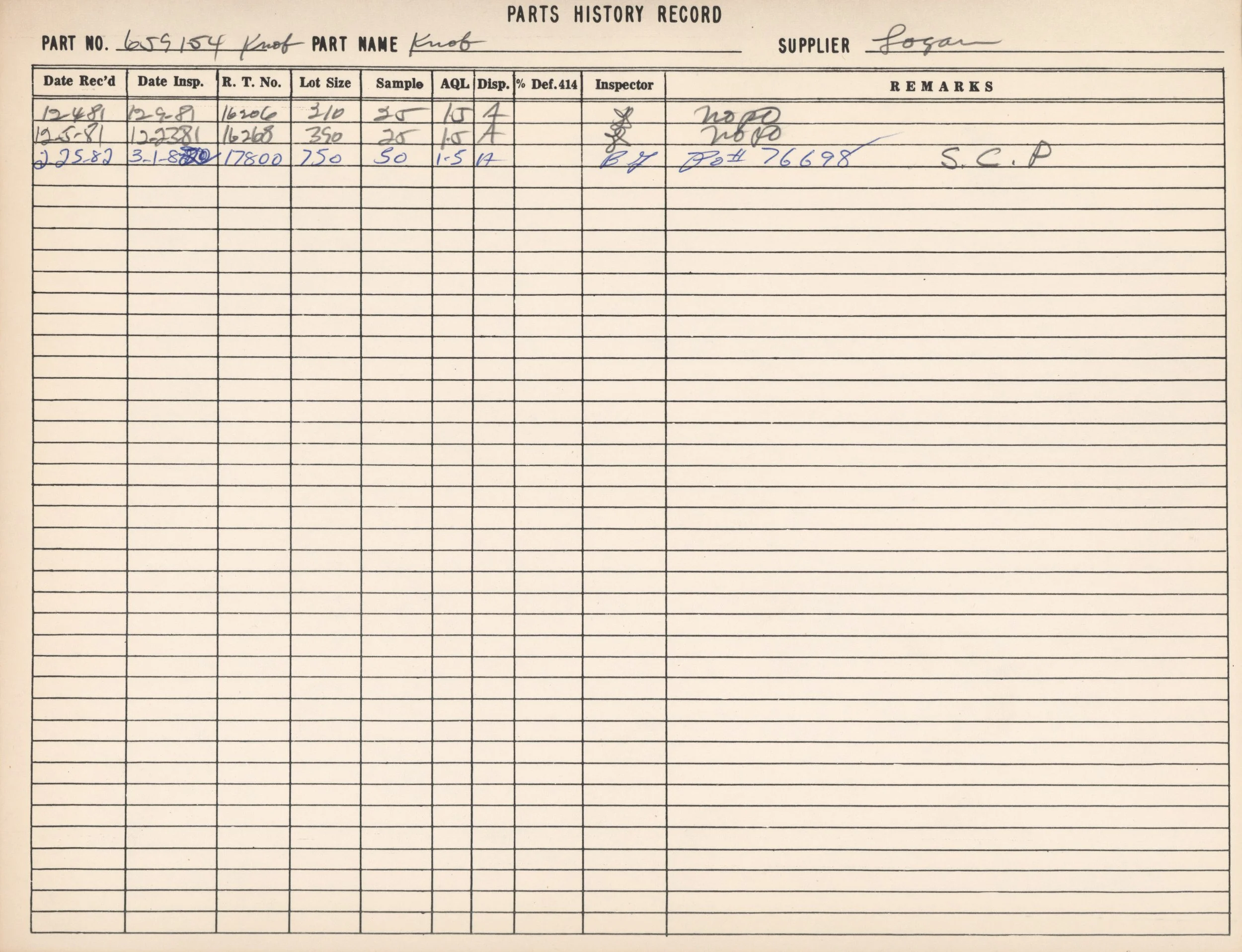 A handwritten parts history record sheet for a part called 'Knob' from the supplier 'Logan,' including dates, inspection numbers, lot sizes, samples, and remarks.