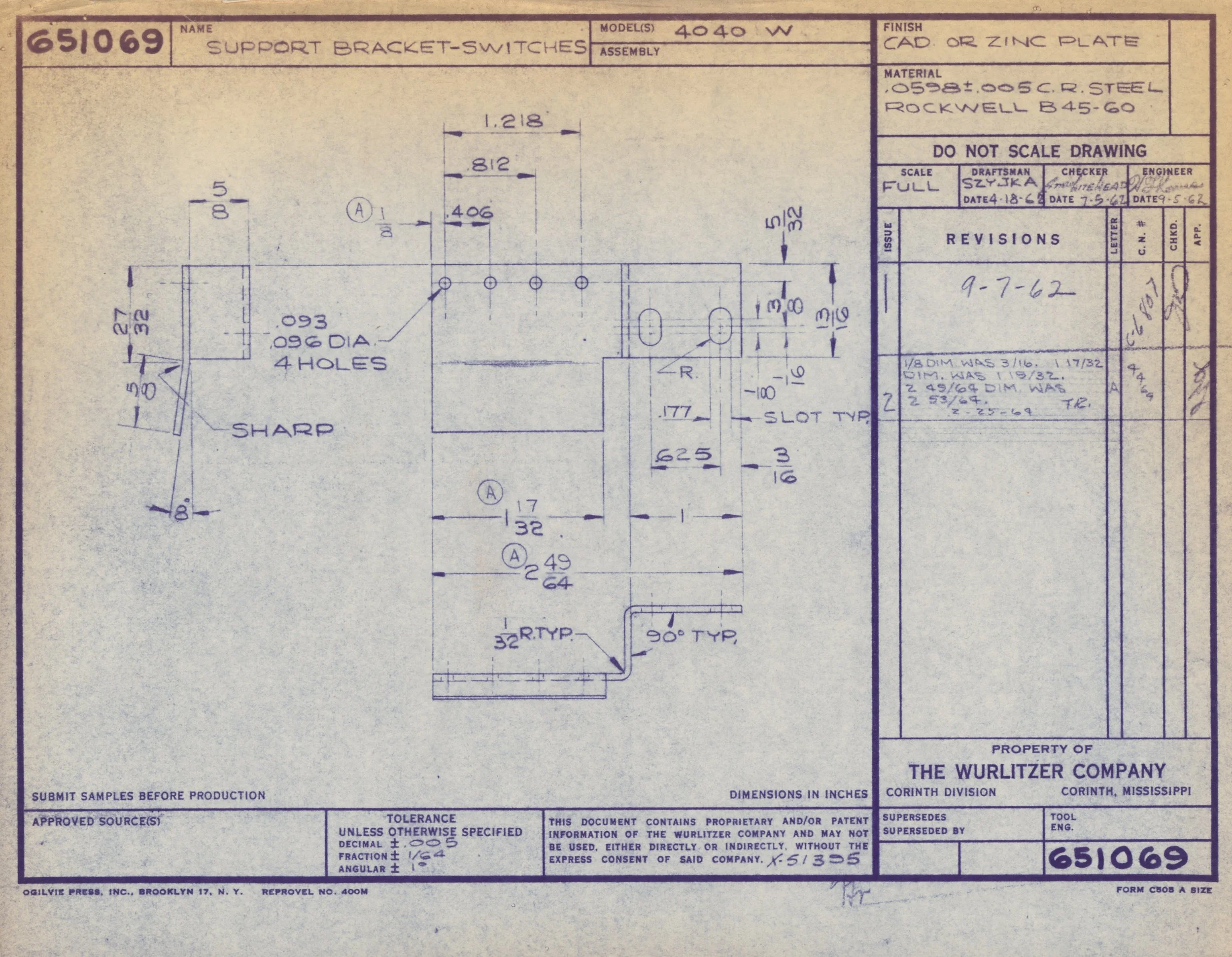 Technical engineering drawing of a support bracket with dimensions, drilled holes, and annotations, from The Wurlitzer Company.