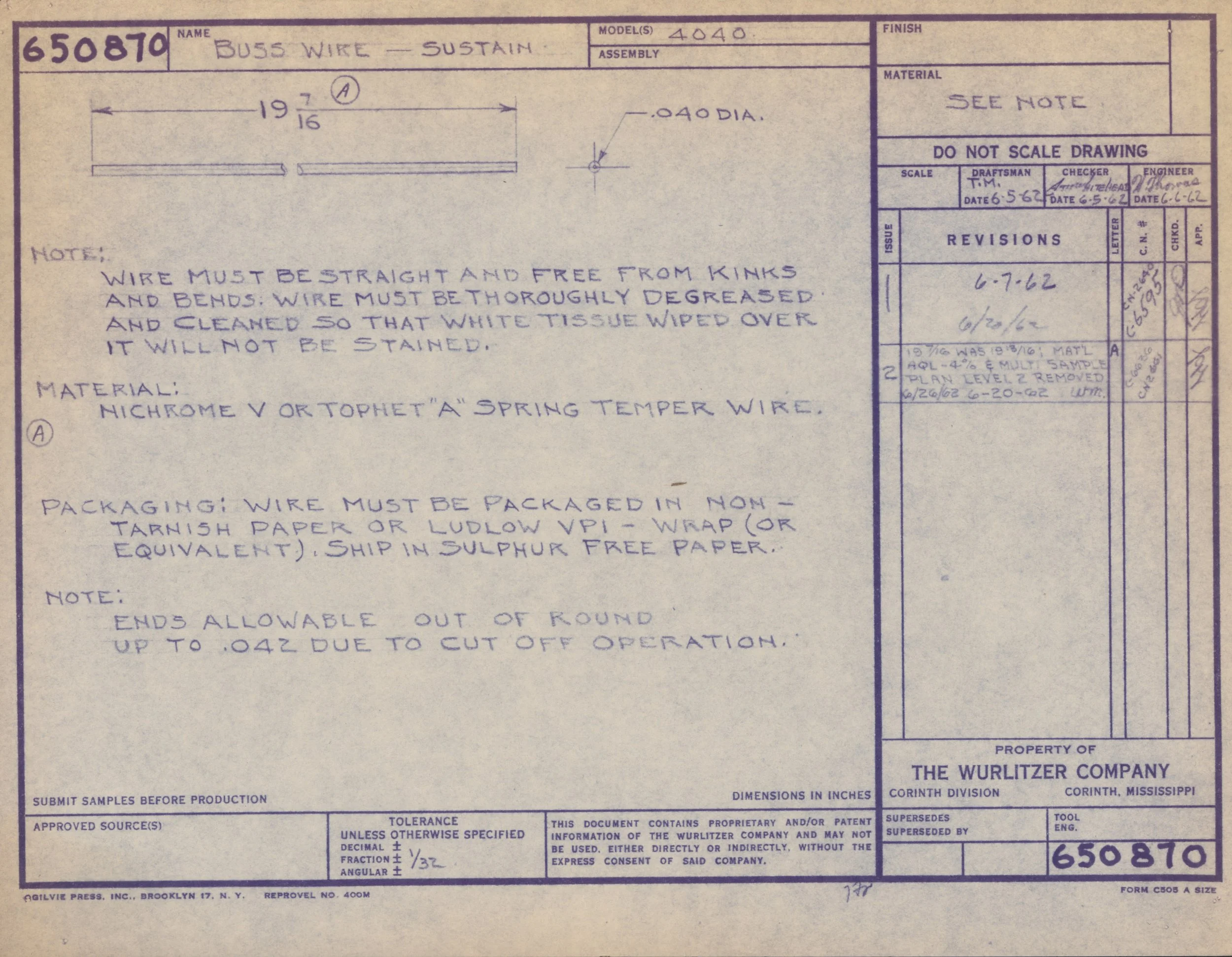 Technical drawing or blueprint with notes and specifications for a spring temper wire, including dimensions, materials, and handling instructions. The drawing references a model 4040 wire and specifies it should be free of kinks and bends, thoroughly