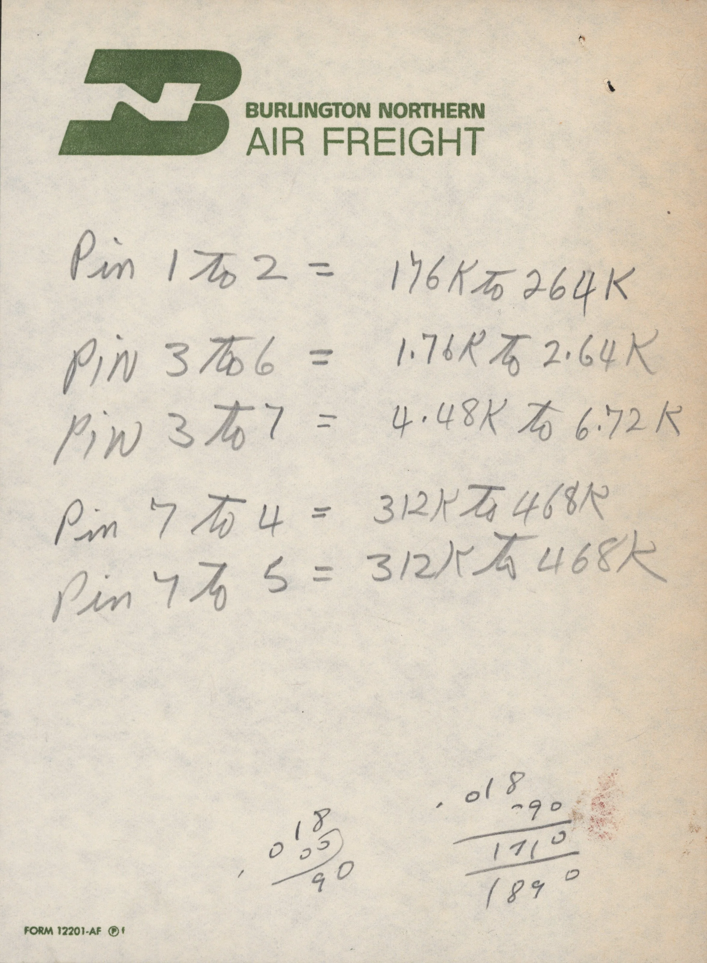 A handwritten mathematical document on paper with the logo of Burlington Northern Air Freight at the top, containing calculations and notes.