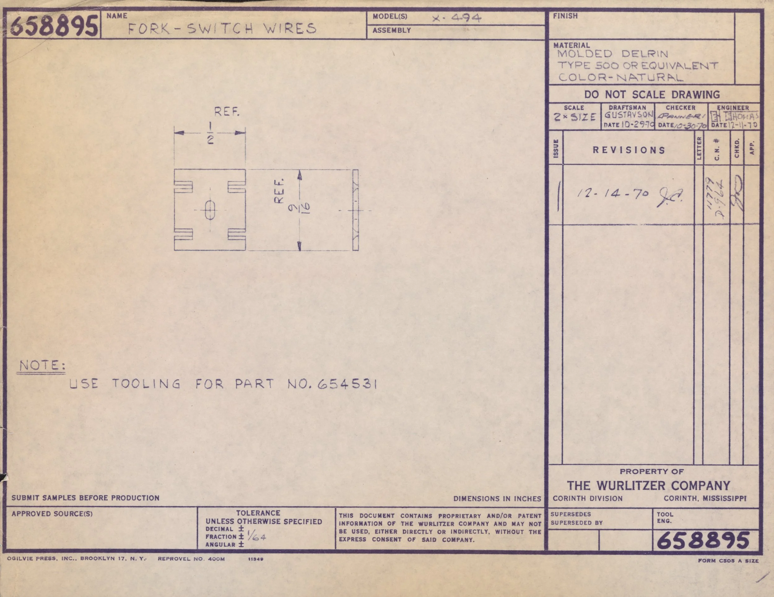 Engineering blueprint for a fork-switch wires part, including dimensions and technical specifications.