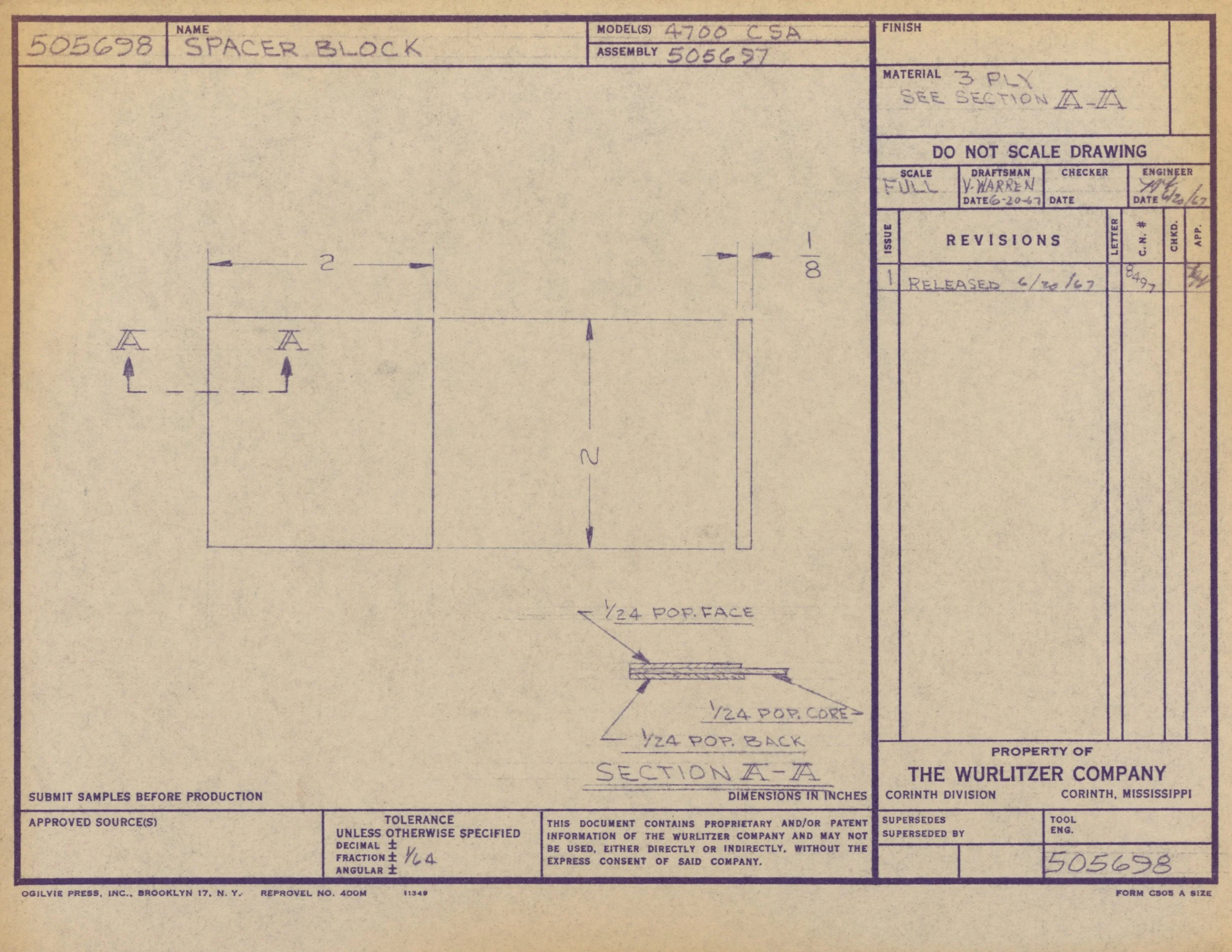 Technical blueprint or engineering drawing for a spacer block, with various measurements, labels, and annotations. The document includes sections for dimensions, approval signatures, and specifications. It is from the Wurlitzer Company, property of t