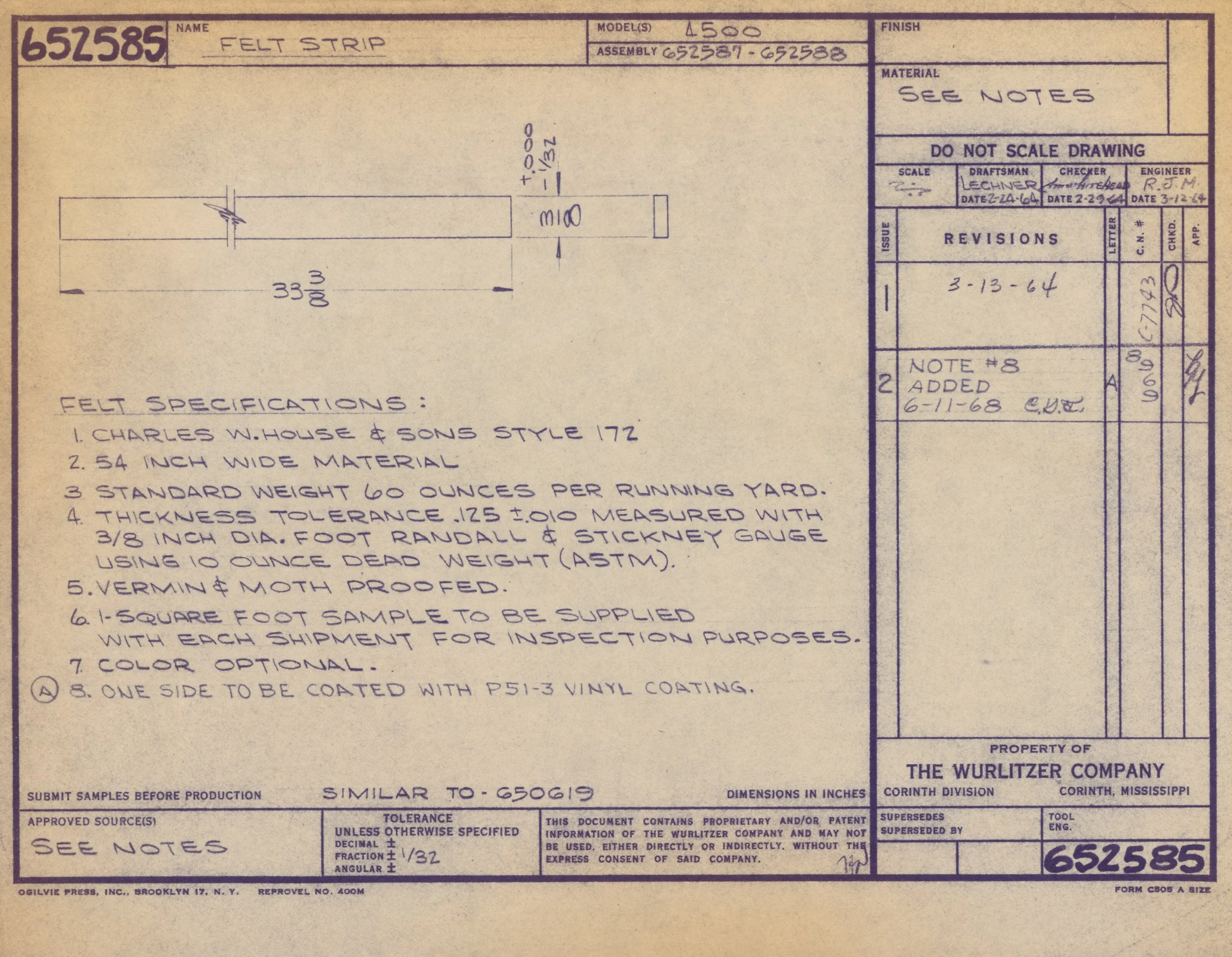 A technical blueprint or drawing for a felt strip, showing detailed specifications, measurements, materials, and revision history.