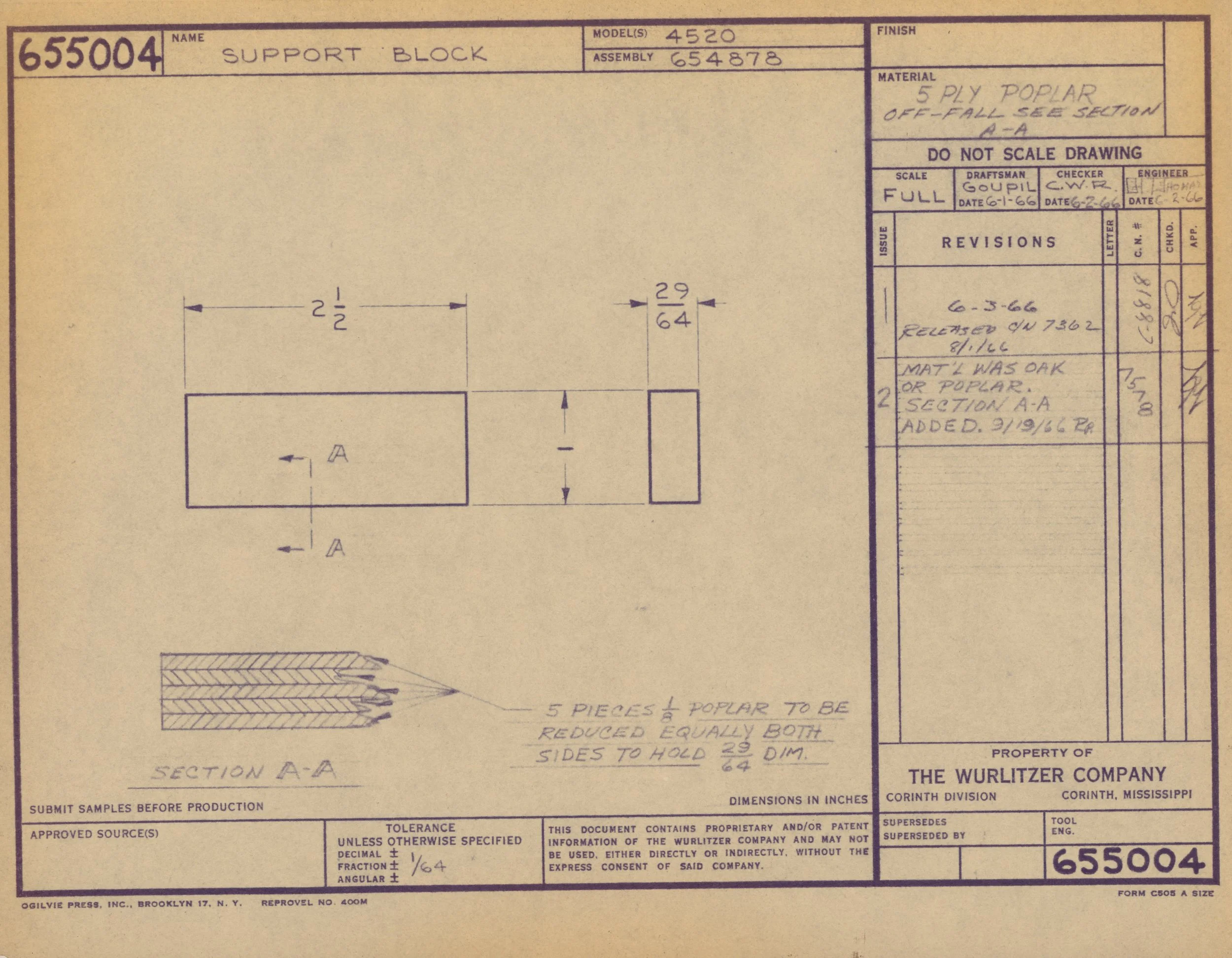 Blueprint drawing of a support block made from five-ply poplar wood, including dimensions, technical notes, and revision details.