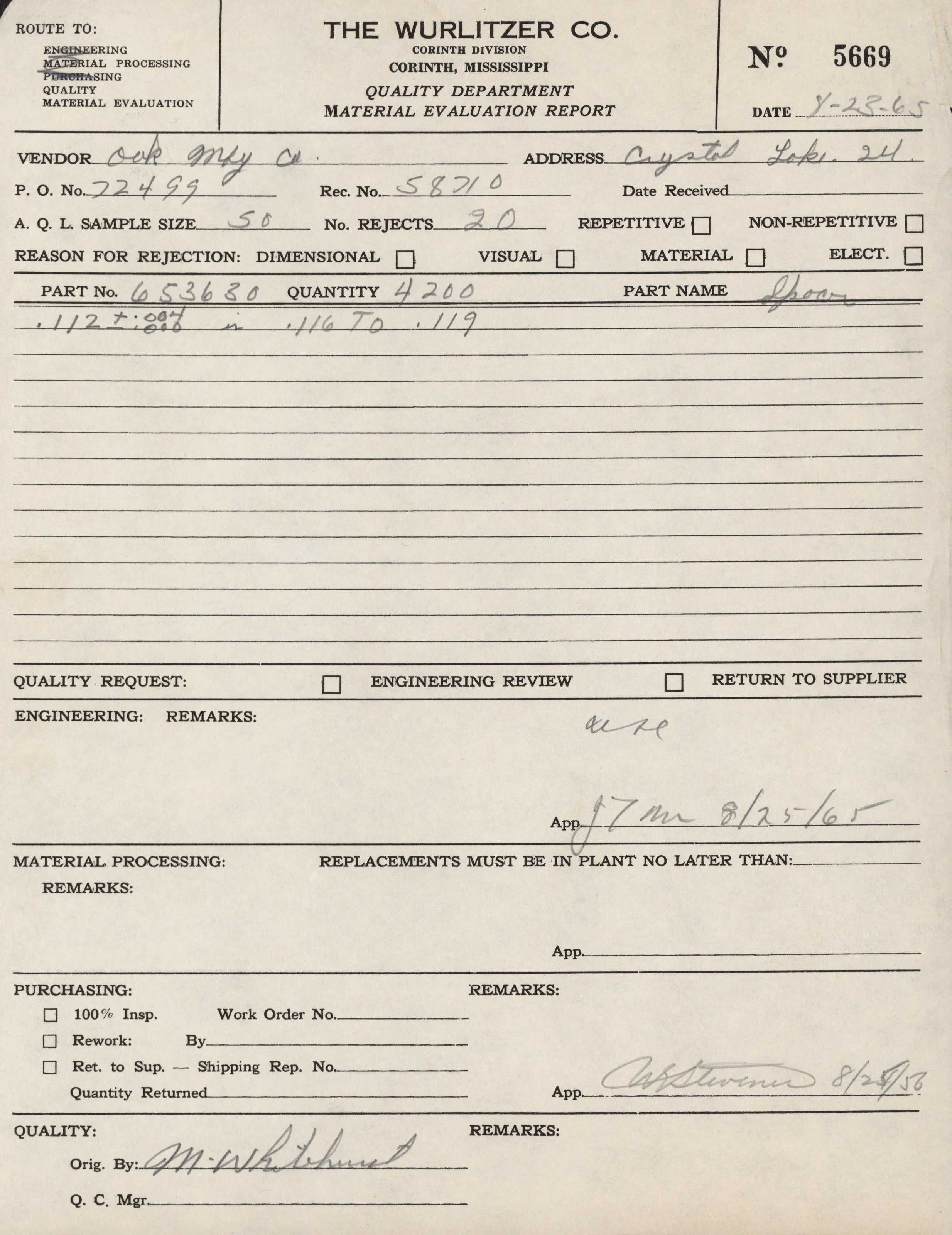 A historical document titled 'Material Evaluation Report' from The Wurlitzer Company, Corinth Division, dated June 23, 1965. It includes handwritten details about a vendor, part, and product specifications, with various checkboxes and signatures.