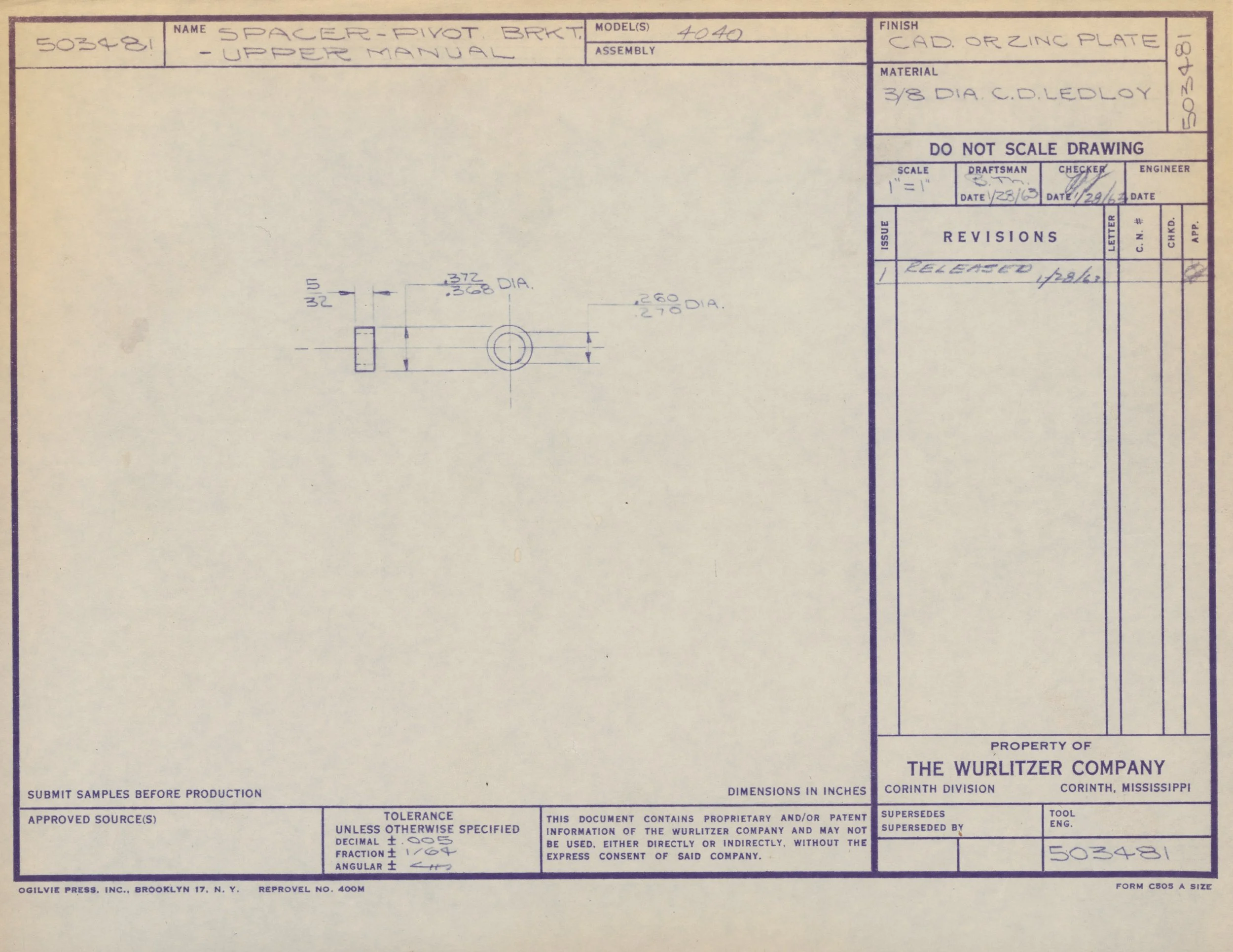Technical drawing of a pivot bracket labeled as 'Spacer-Pivot Brkt-Upper Manual' with dimensions and notes for manufacturing, created by The Wurlitzer Company.