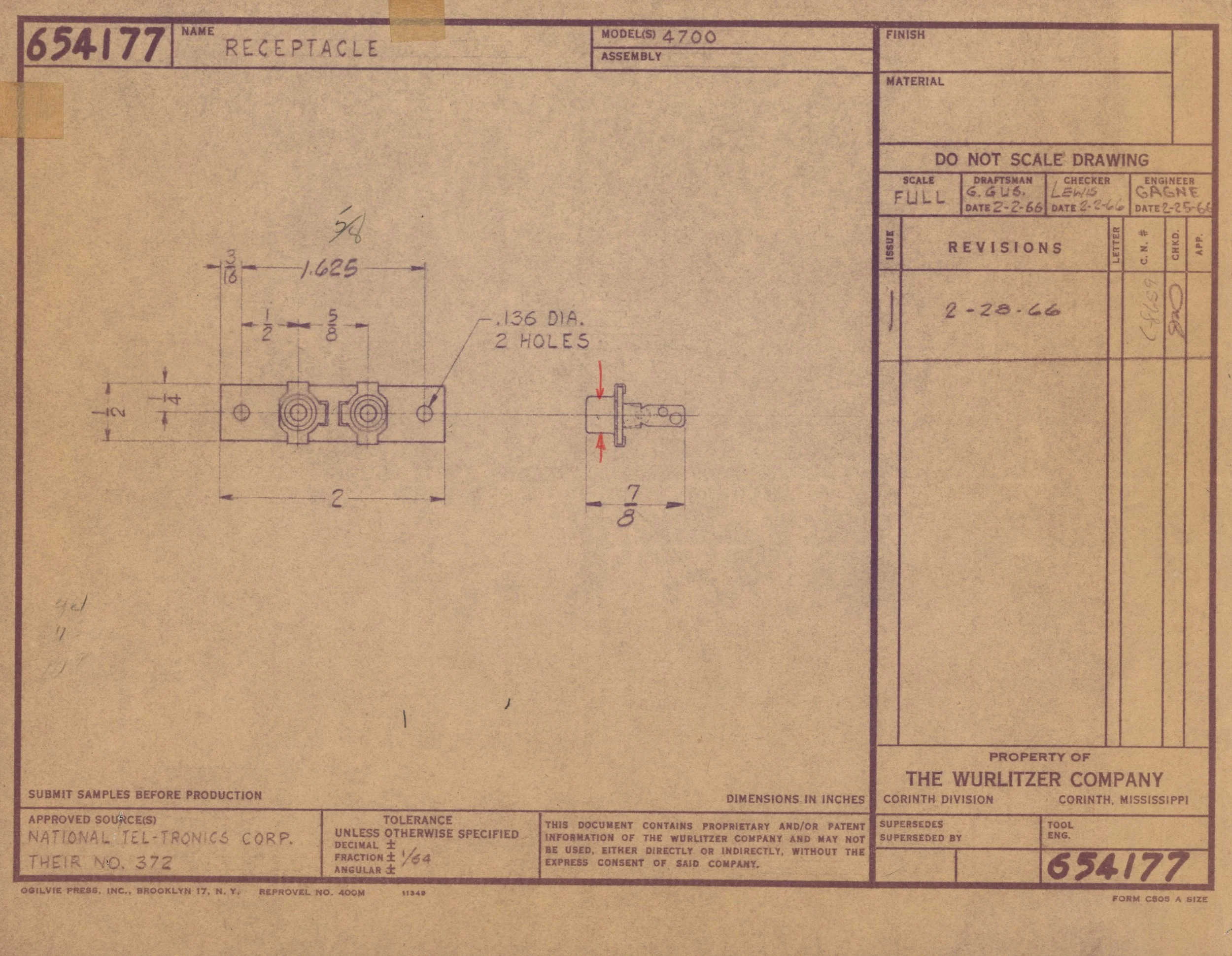 Technical drawing of a mechanical part with detailed measurements and annotations from a blueprints sheet by Wurlitzer Company, property of National Tel-Tronics Corp.