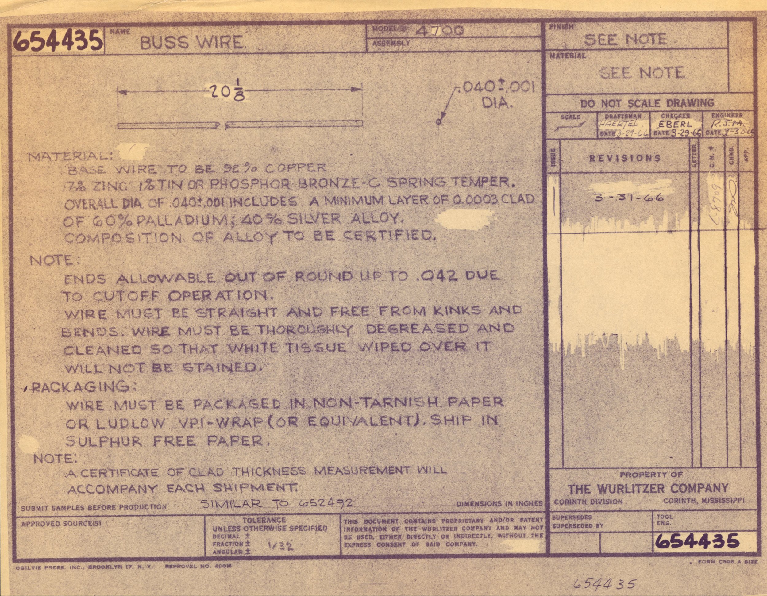 Close-up of an engineering blueprint detailing specifications for bus wire, including dimensions, materials, and construction notes.