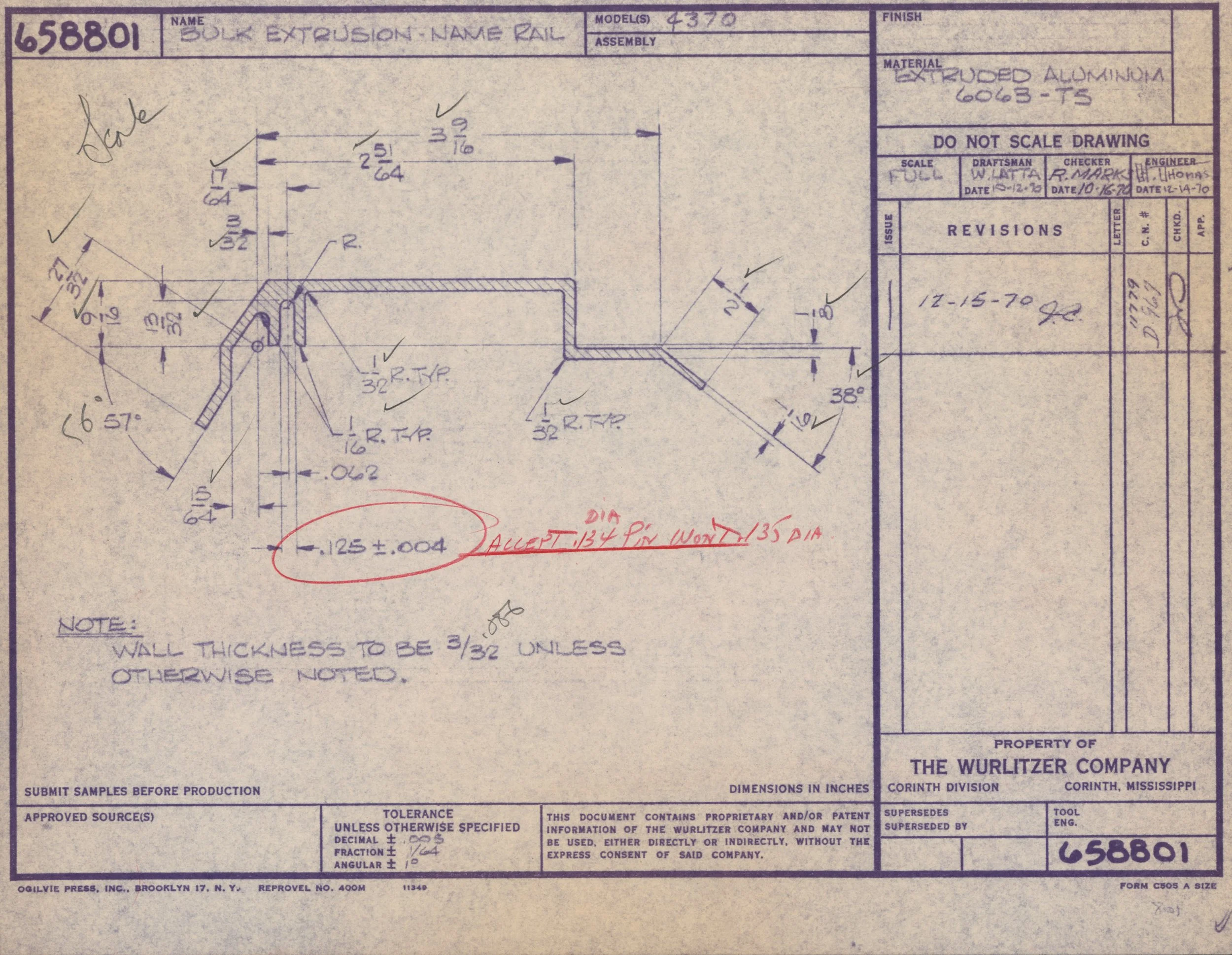 Blueprint drawing of a bulk extrusion rail with detailed measurements, annotations, and specifications, created by the Wurlitzer Company.