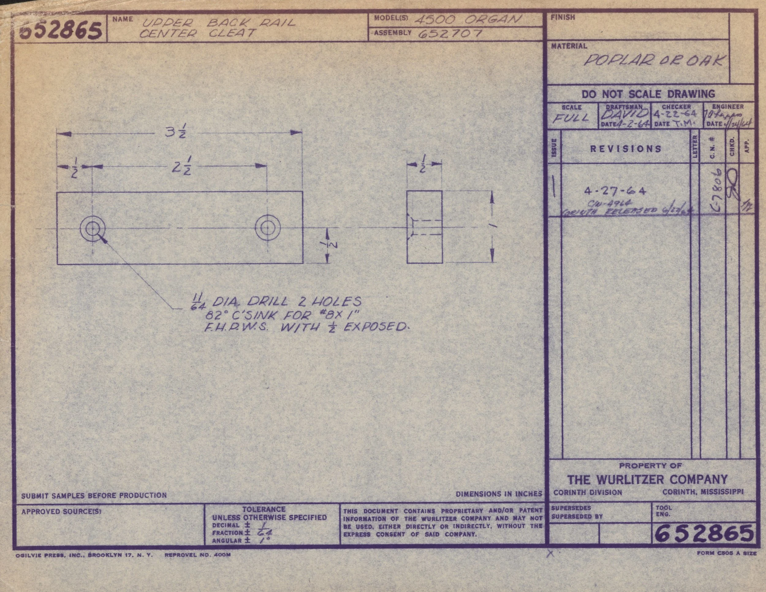 Blueprint drawing of an upper back rail for a center cleat, with measurements and specifications, including material as yellow pine oak, two holes with 3 1/2 and 2 1/2 inch lengths, and notes on drilling and sink for a specific bolt size.