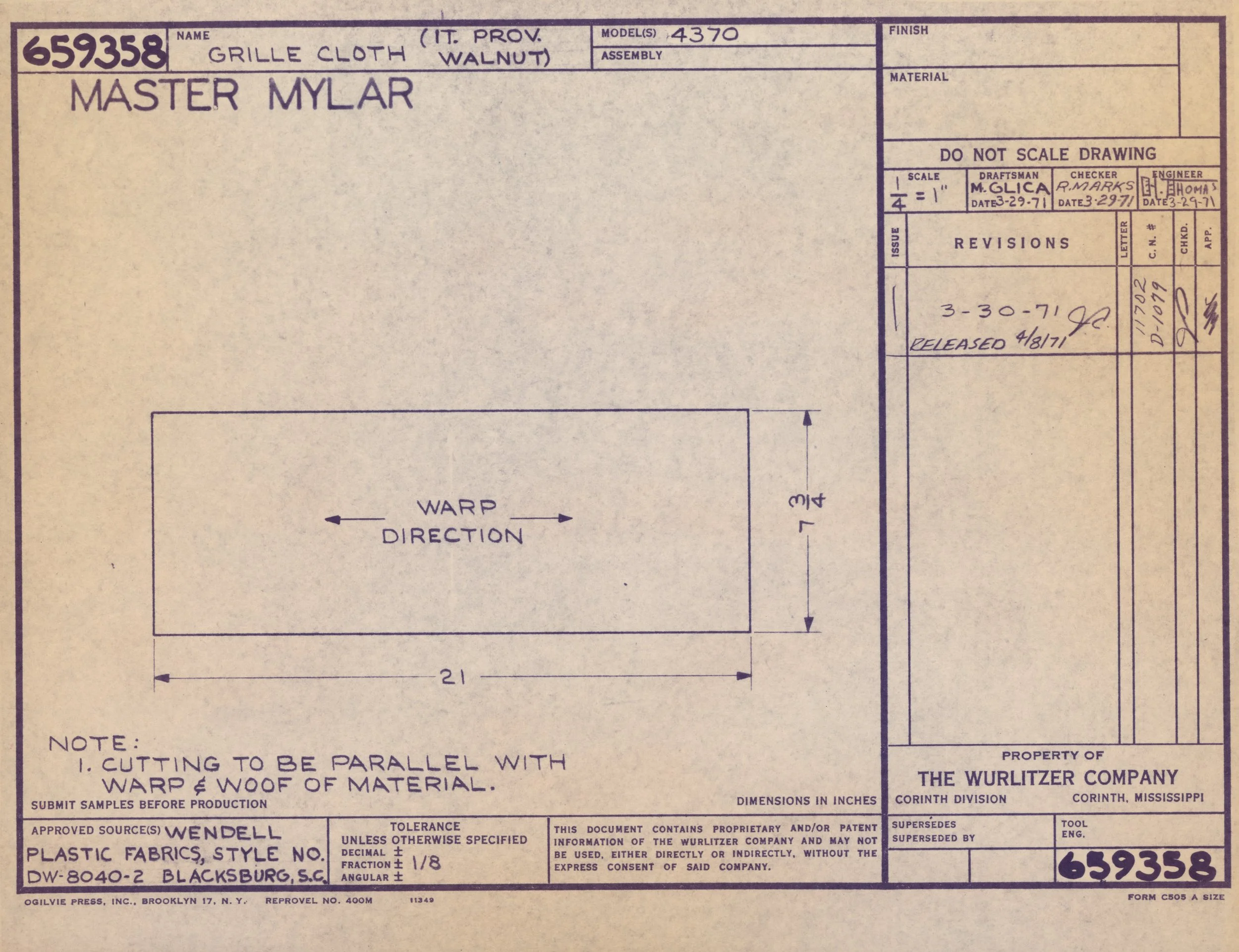 A technical drawing or blueprint for a product called 'Master Mylar,' made of walnut material, with dimensions and instructions for manufacturing, produced by the Wurlitzer Company in Corinth, Mississippi.