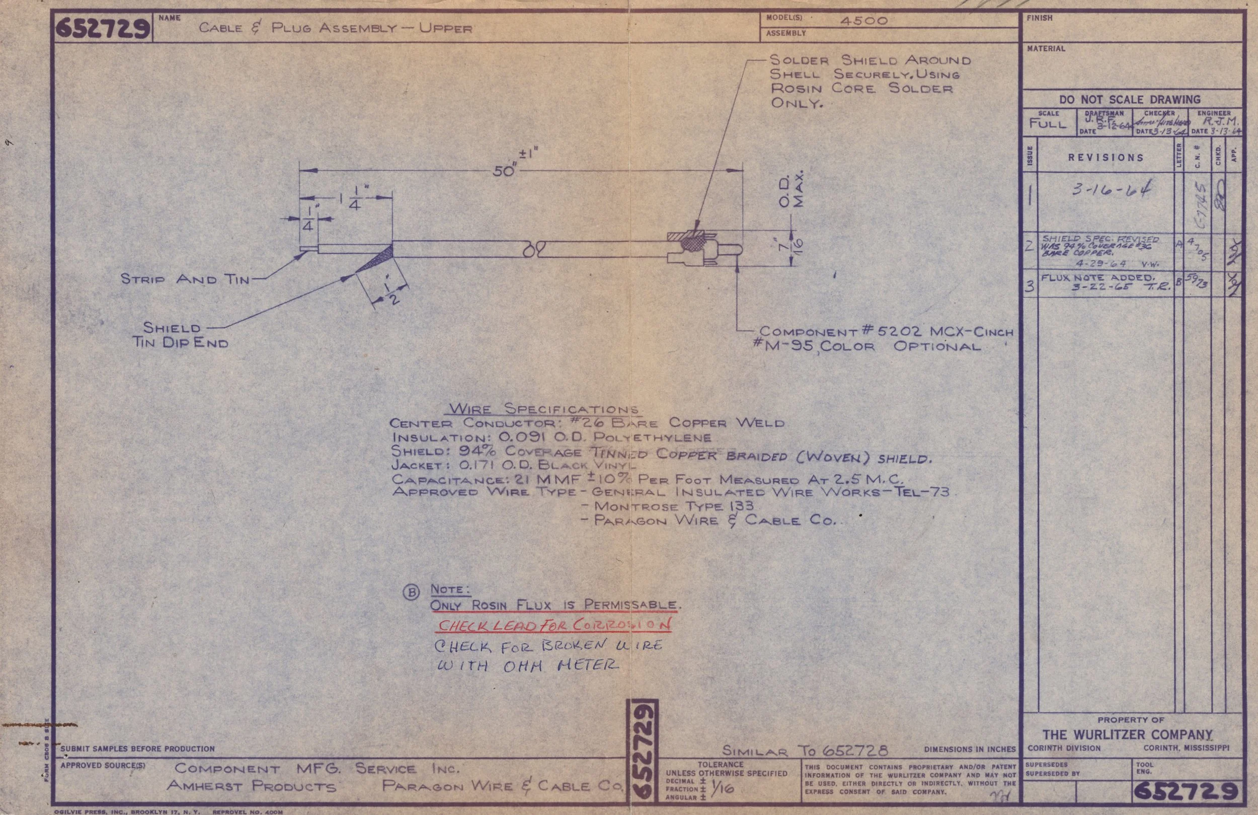 Technical engineering drawing of a cable and plug assembly, showing measurements, materials, and construction details.