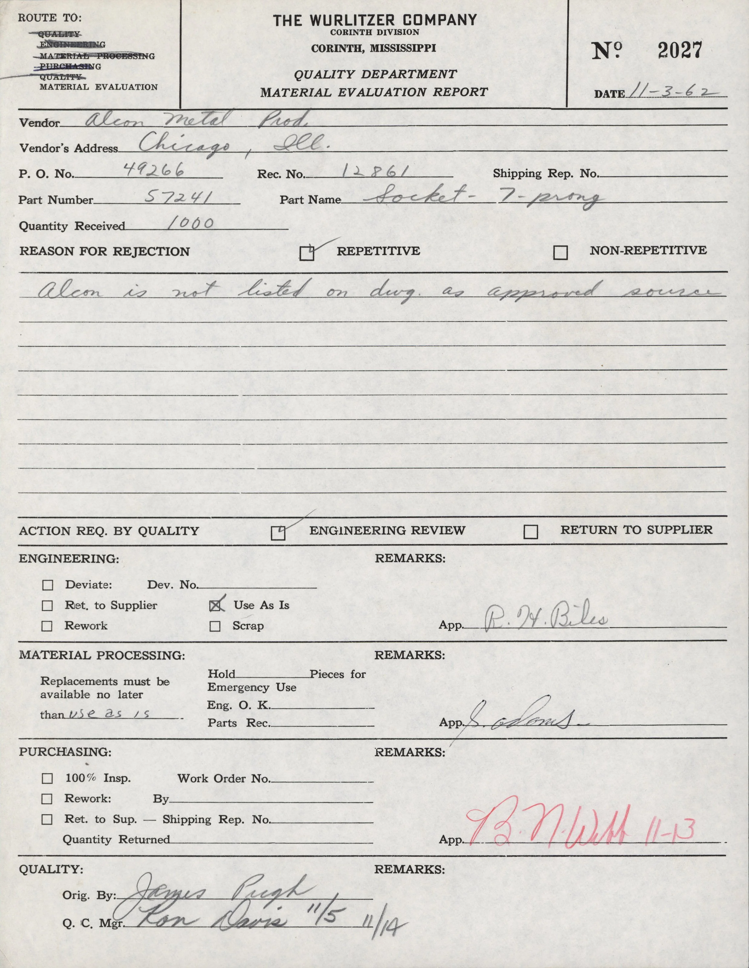 A scanned material evaluation report form for The Wurlitzer Company from December 3, 1962, filled out with handwritten details about vendor, part number, rejection reason, and engineering remarks.