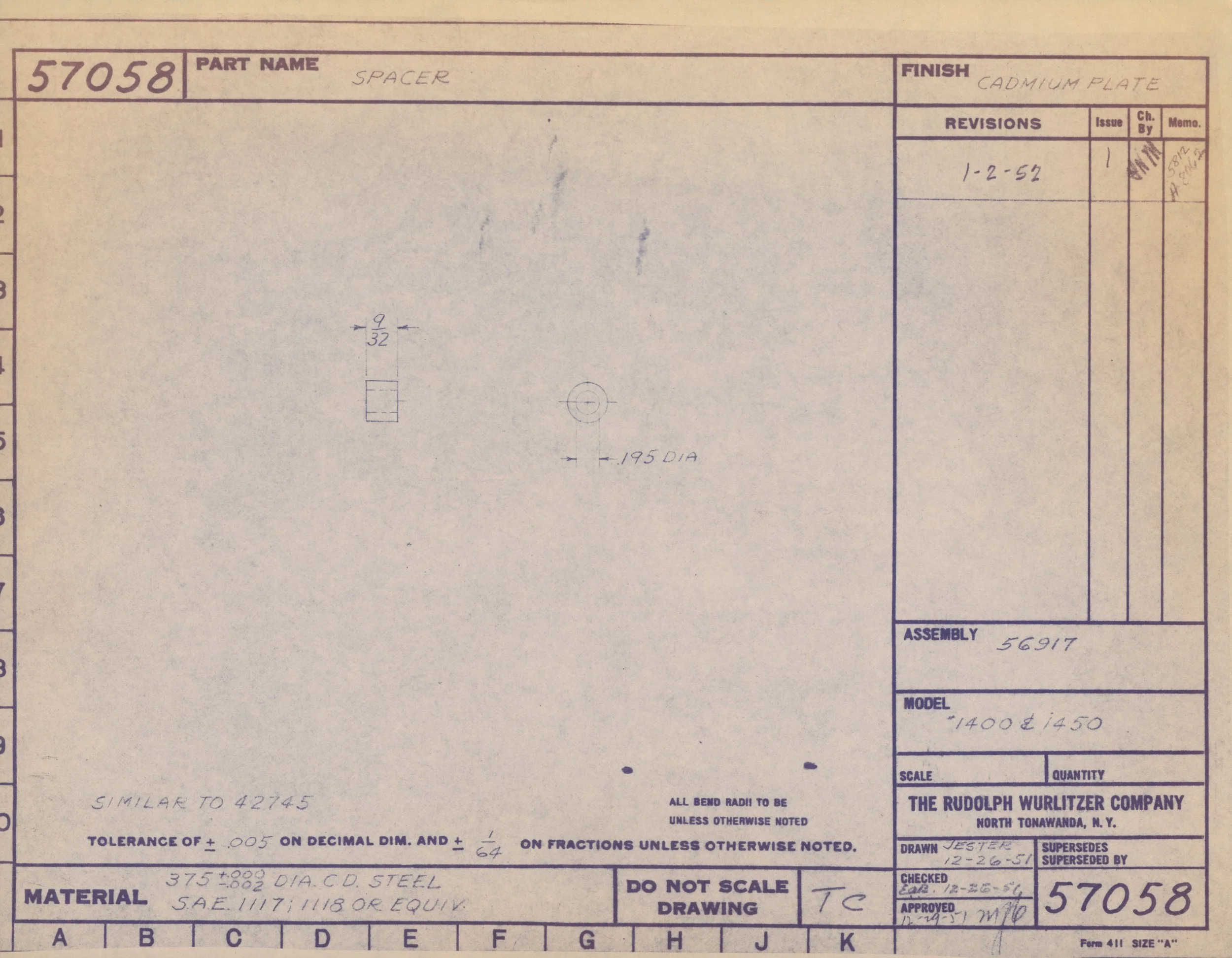 Technical engineering drawing of a spacer part with labeled dimensions and annotations, created by The Rudolph Wurlitzer Company.