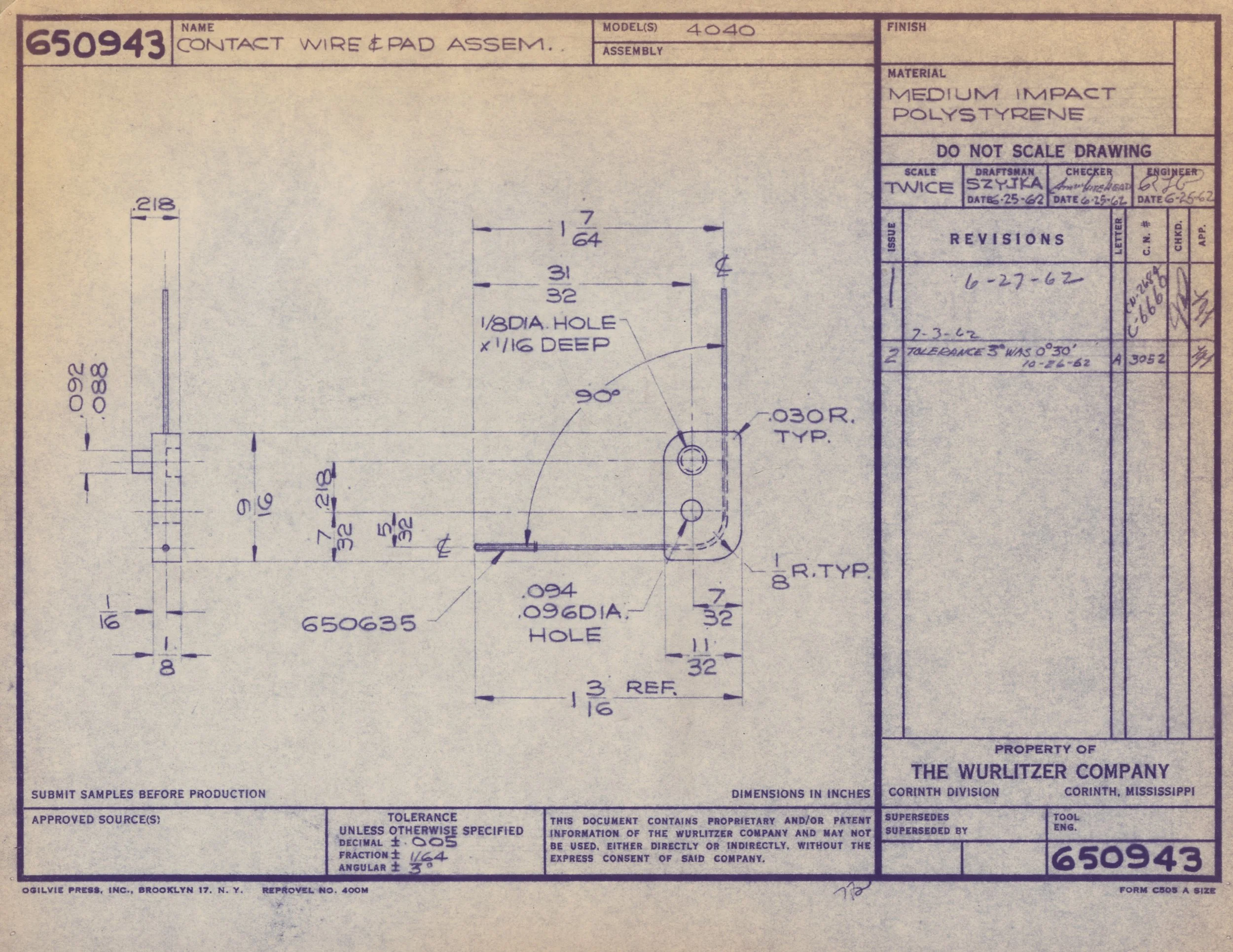 Technical engineering blueprint for contact wire and pad assembly, showing measurements, hole sizes, and annotations from the Wurlitzer Company with approval and revision information.
