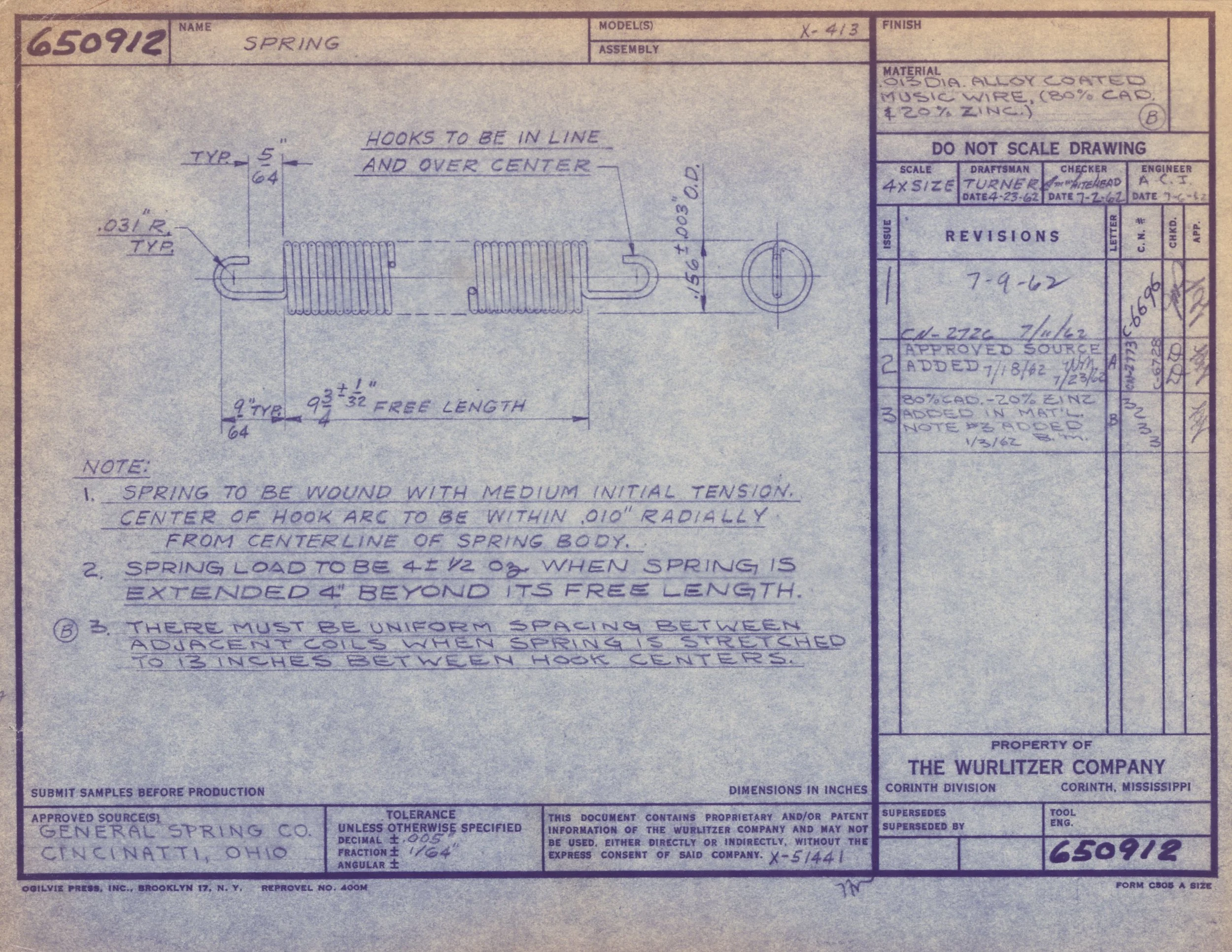 Blueprint drawing of a spring with detailed measurements and notes about construction and material specifications.